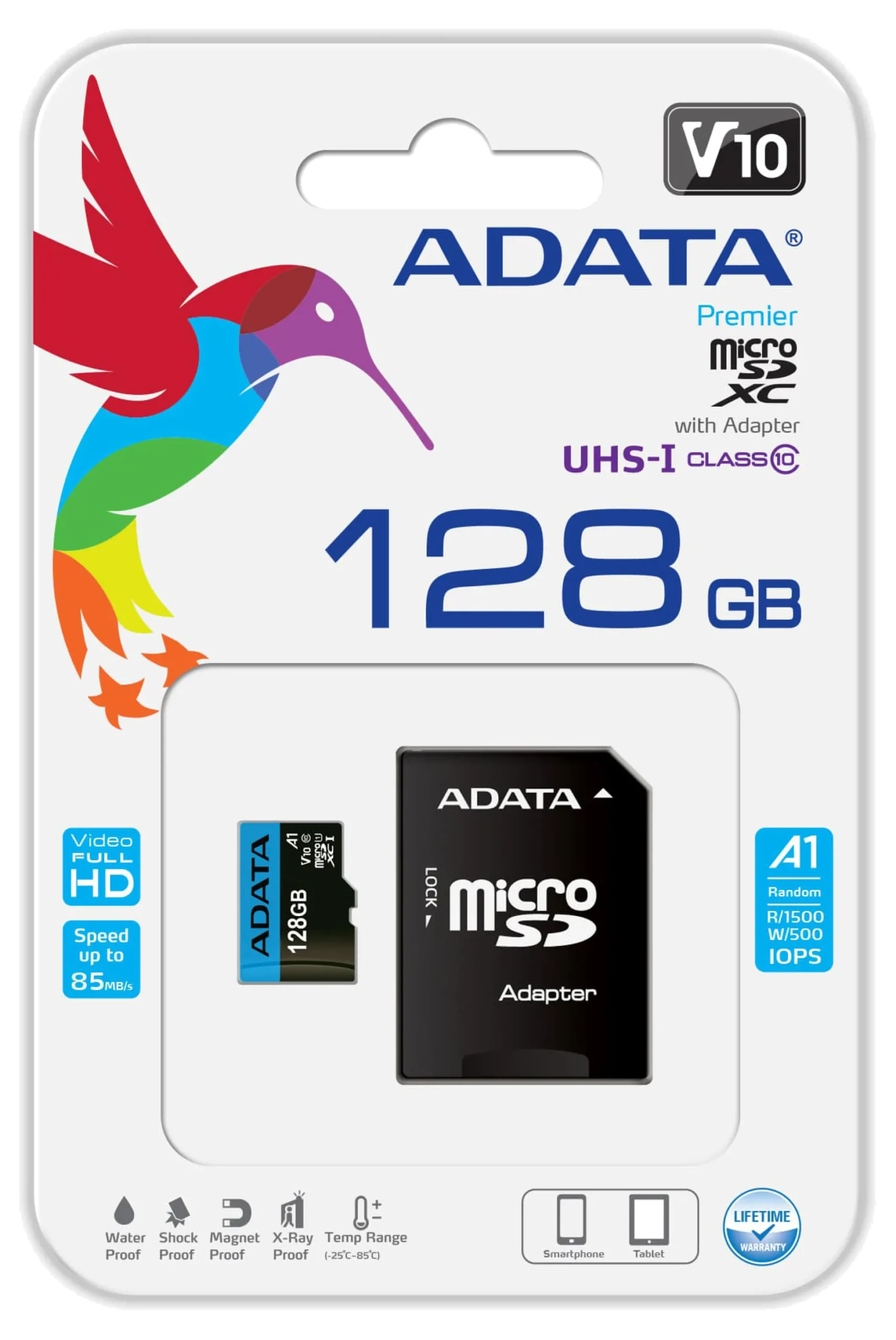 ADATA 64GB MicroSDXC kort med SD Adapter, UHS-I, Class 10, A1, blå