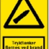 Advarselsskilt, trykflasker fjernes ved brand, gul, 30 x 21 cm
