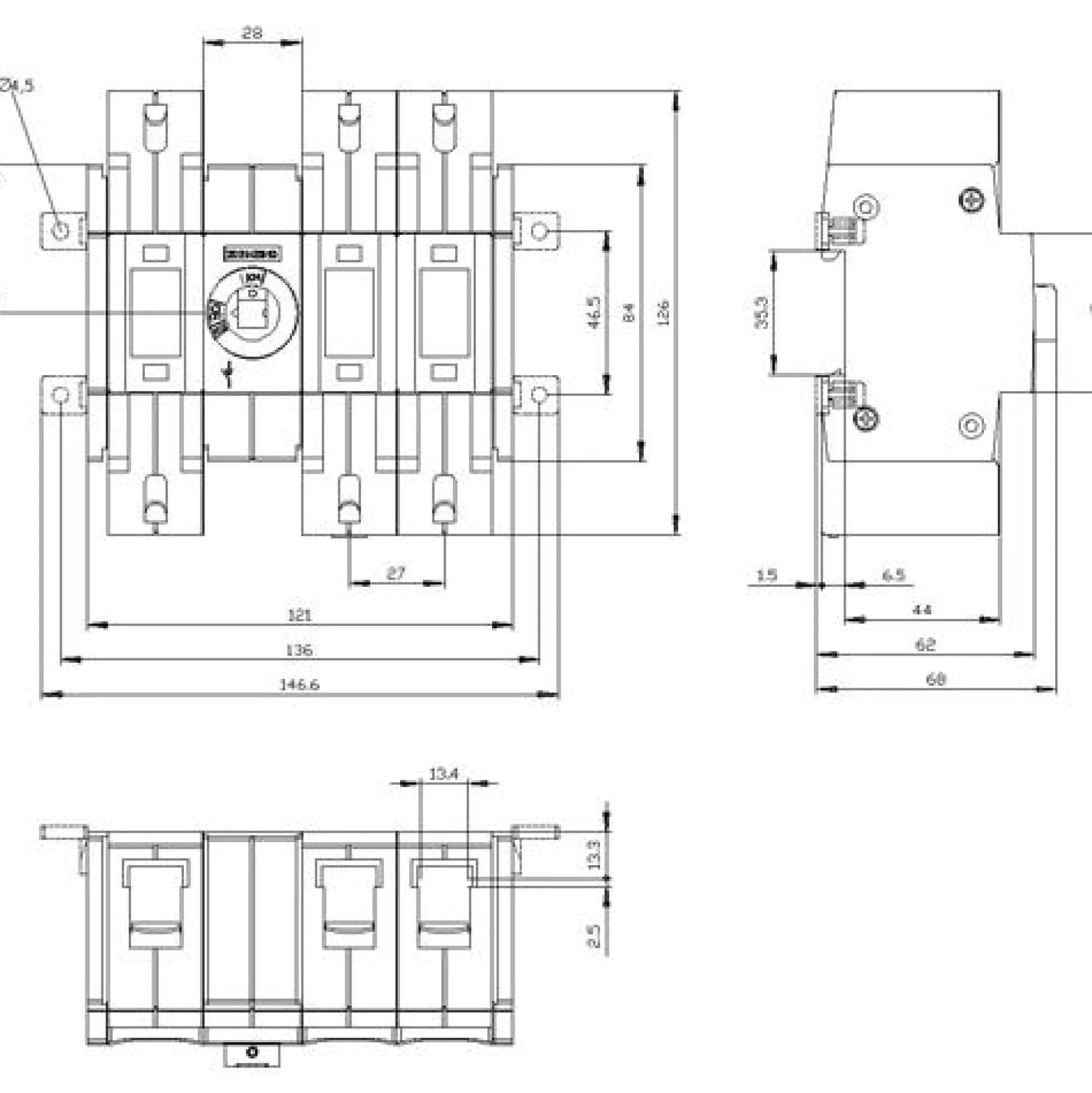 Afbryder 160A, 2, 3P frontbetj center boks - Siemens