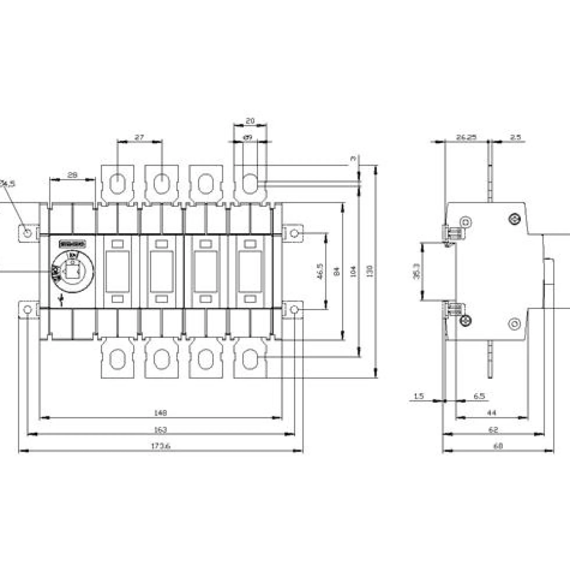 Afbryder 125A, 2, 4P, frontbetjening, venstre, flad terminal - Siemens