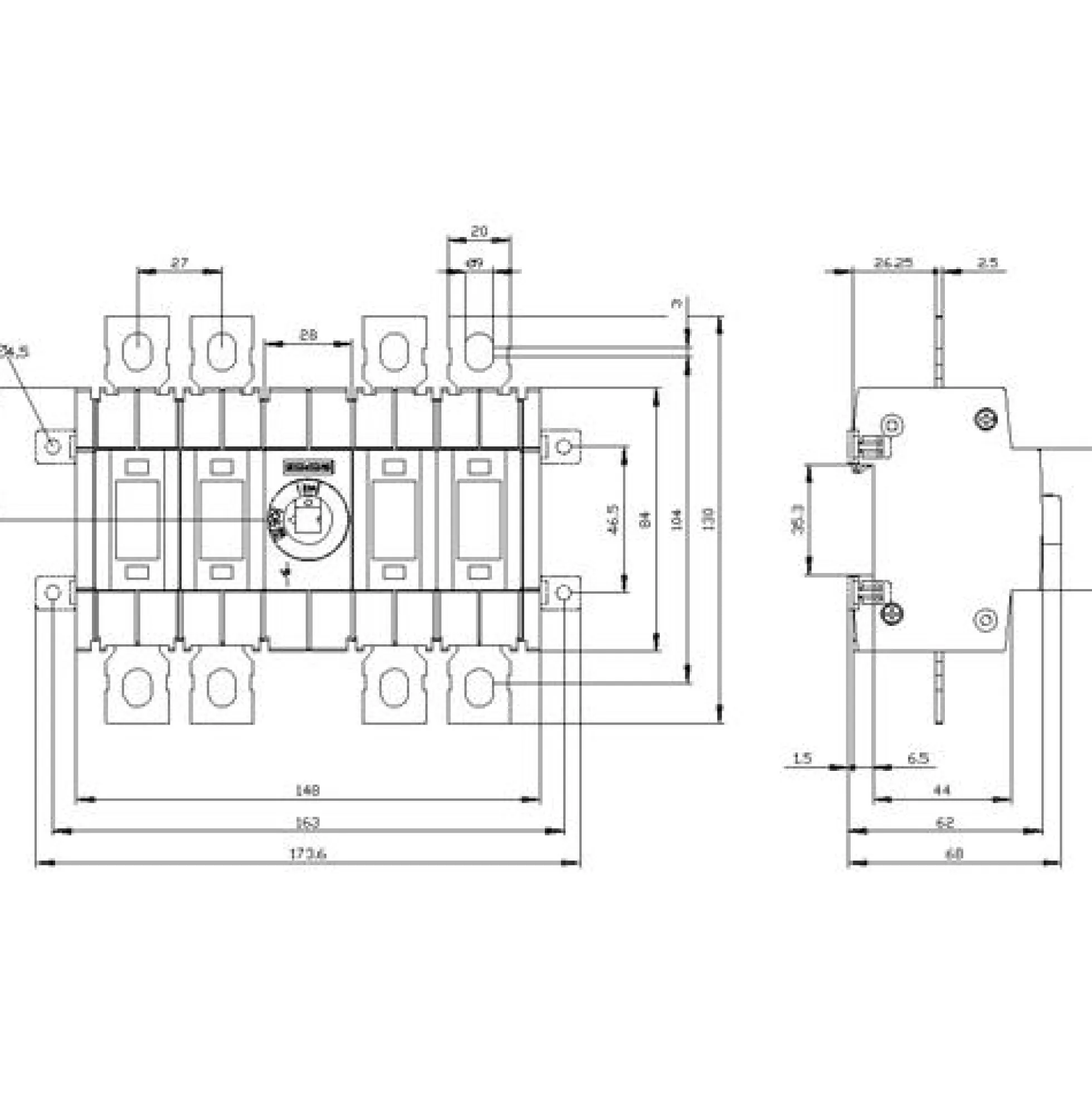 Afbryder 125A, 2, 4P, frontbetjent center - Siemens