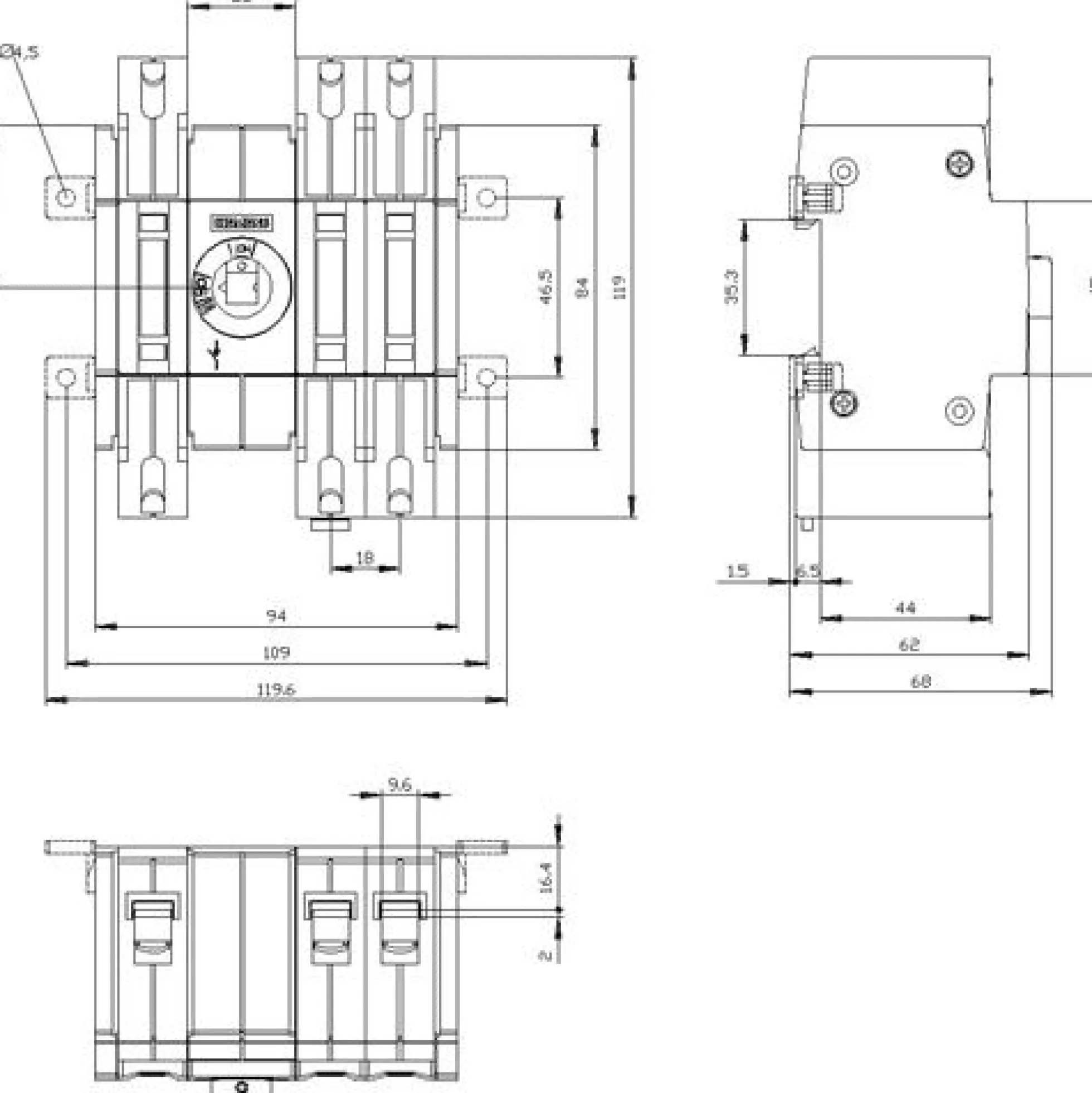 Afbryder 16A, 3P, frontbetjent, center - Siemens