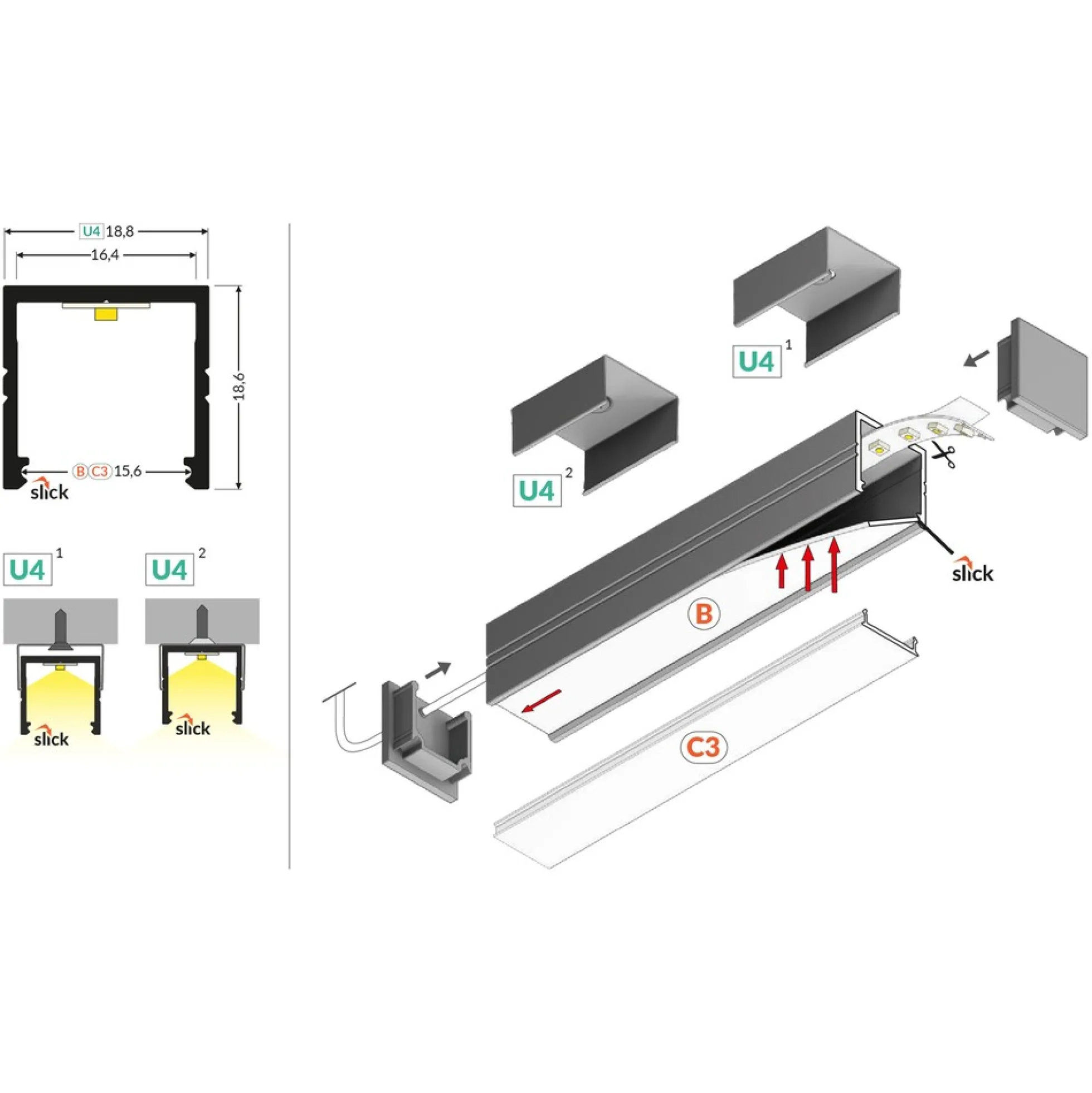 Aluminium LED skinne til påbygning, 2 meter SMART16 BC3/U4 - Ubehandlet aluminium