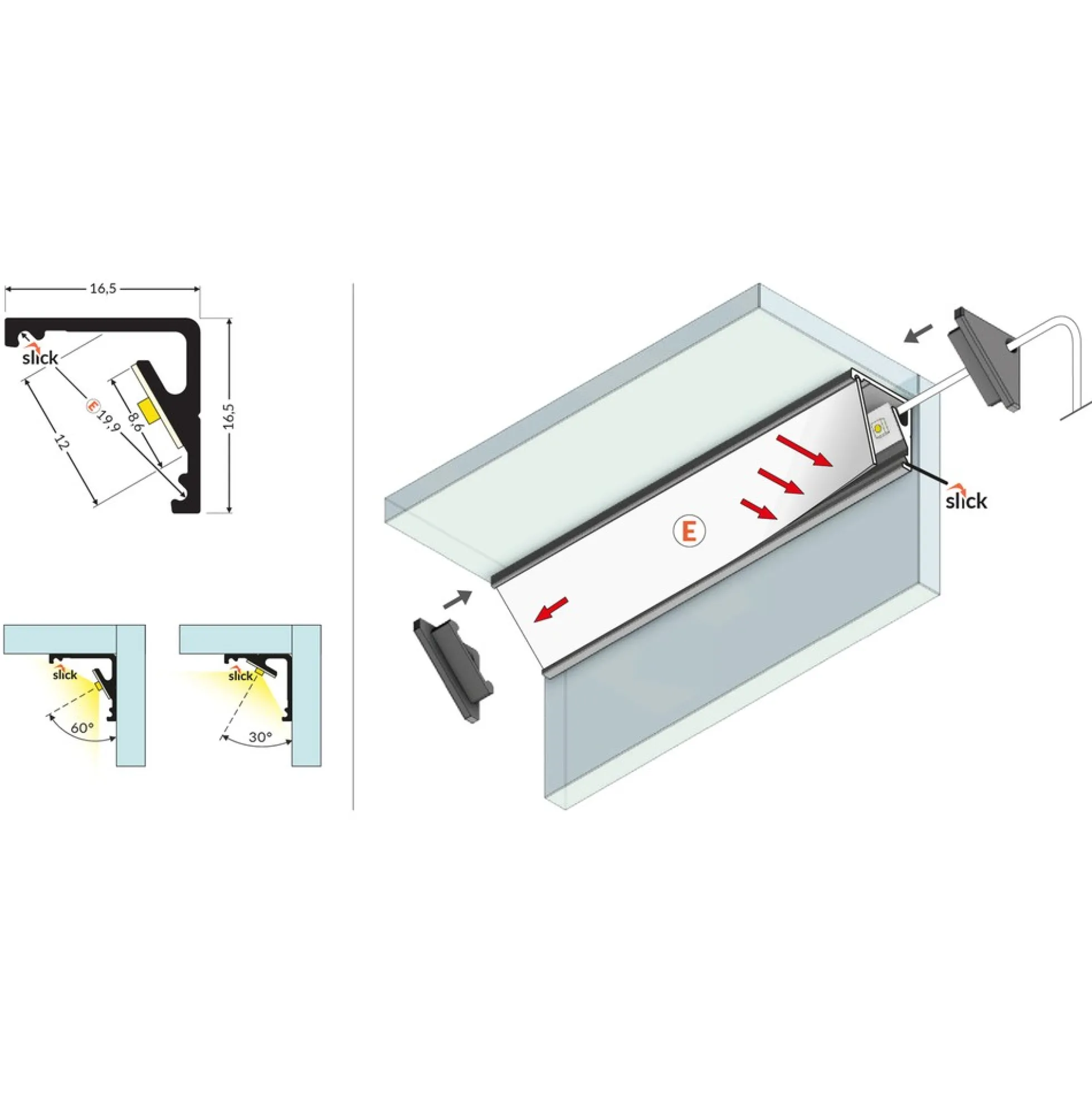 Aluminiumsprofil CABI12 E, hvid lakeret med hjørne og LED skinne