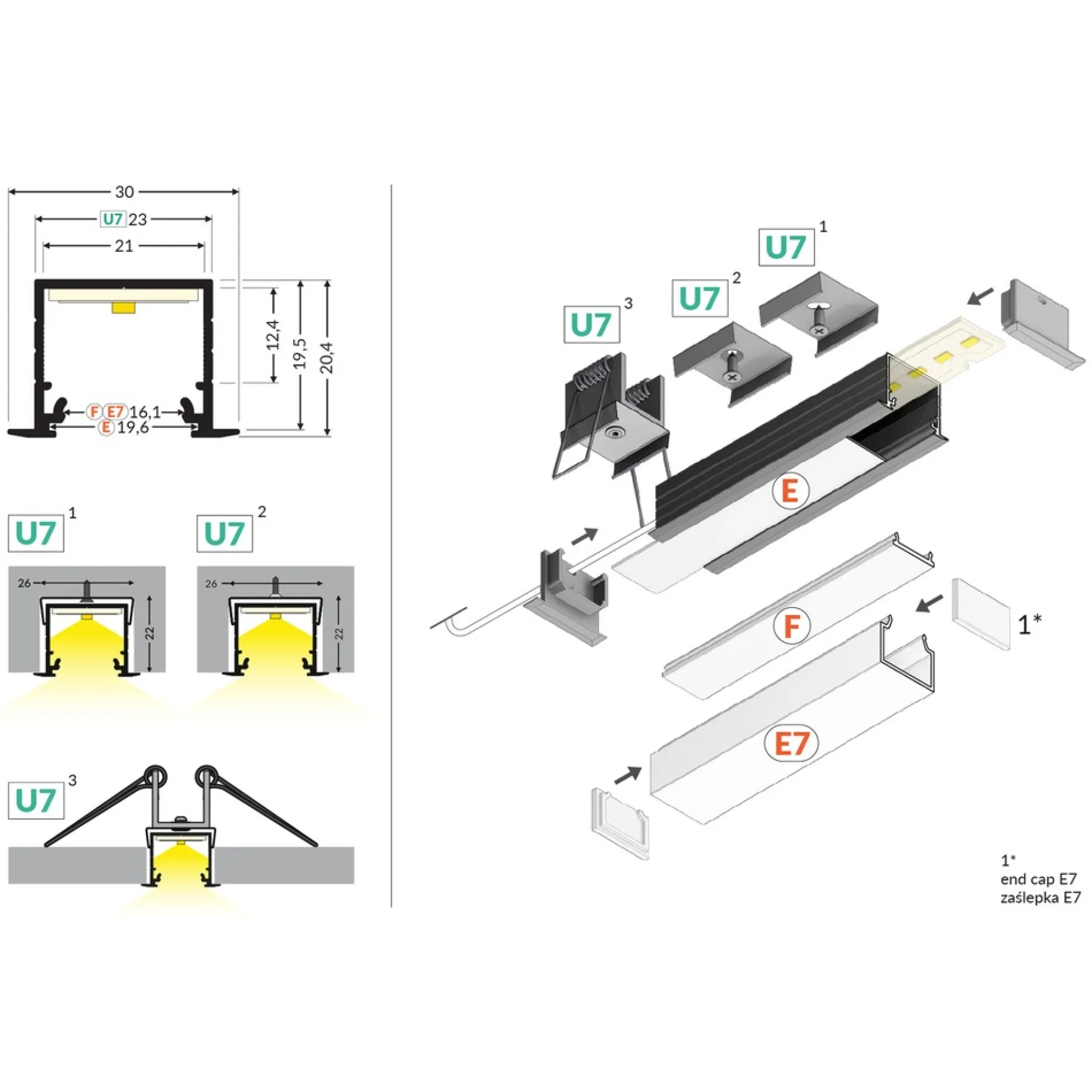 Aluprofil LINEA-IN20 EE7F/U7, anodiseret, indbygget LED skinne, 2 meter