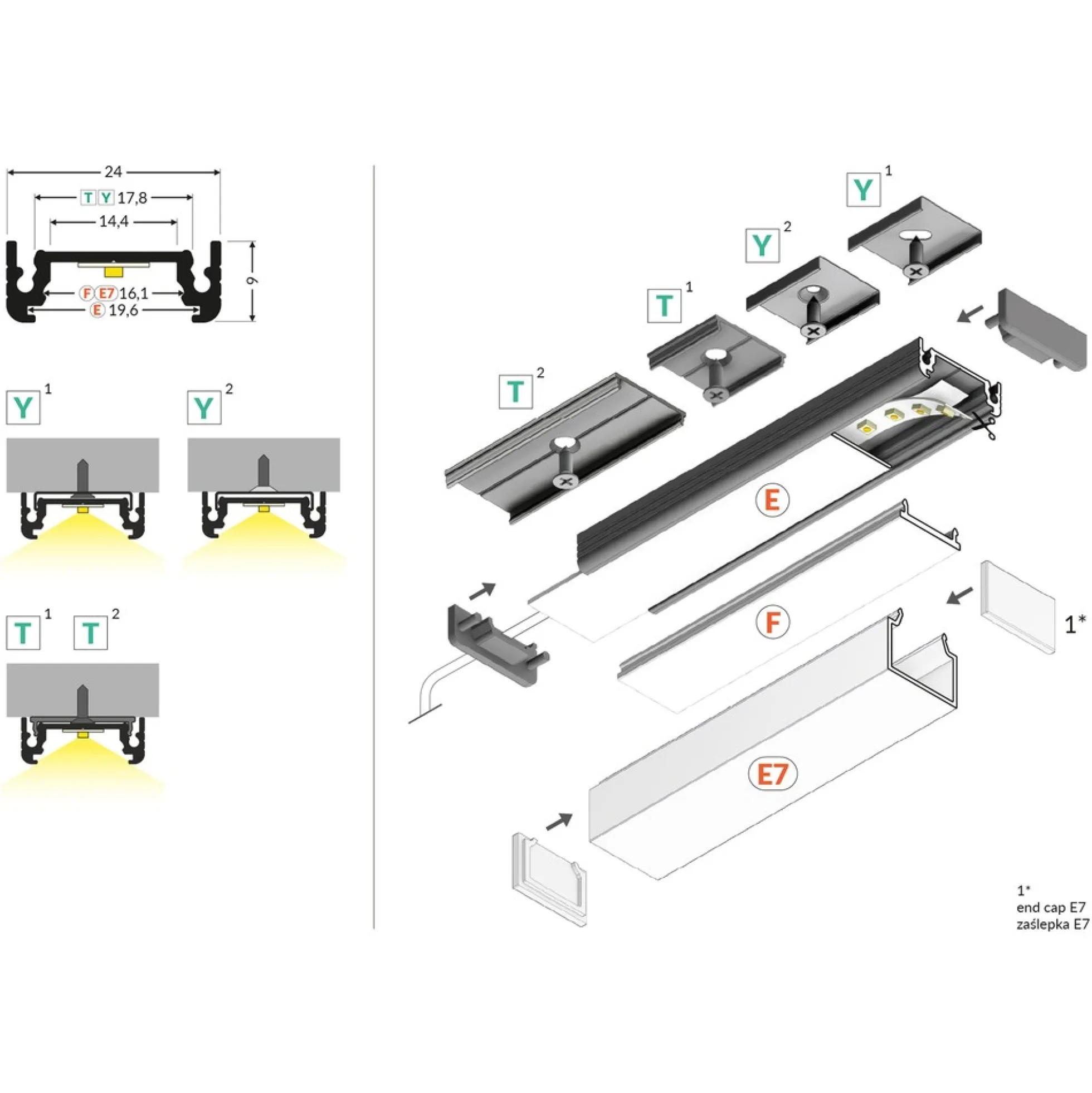 Aluprofil SURFACE14 EE7F/TY, ubehandlet aluminium, påbygning, LED skinne