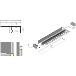 Aluprofil til fliser, belysning til kanter, 180 grader, UNI-TILE12 C PLUS, anodiseret, til LED-strips