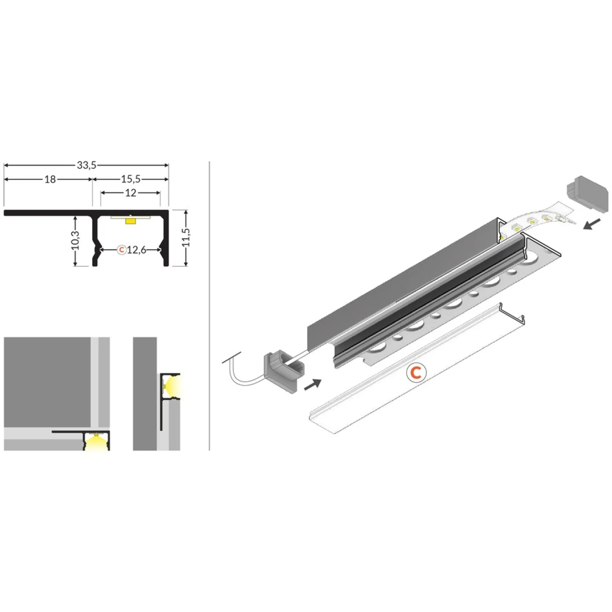 Aluprofil til fliser, belysning til kanter, 180 grader, UNI-TILE12 C PLUS, anodiseret, til LED-strips