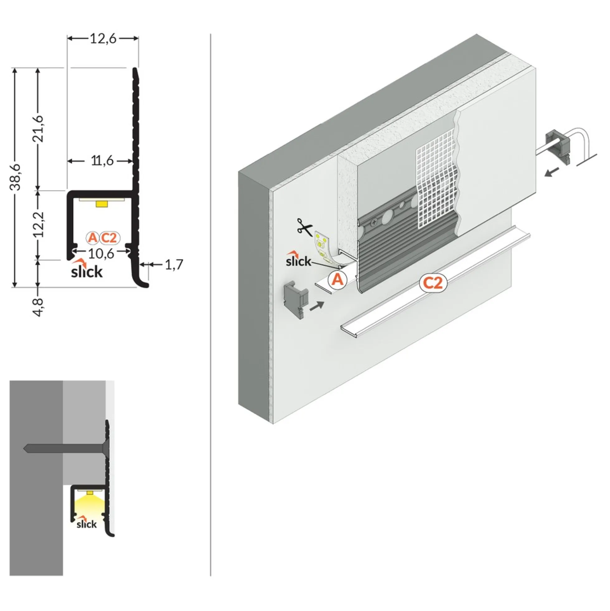 Aluprofil til indspartling, OMNI10 AC2 PLUS, ubehandlet aluminium, til LED-strips