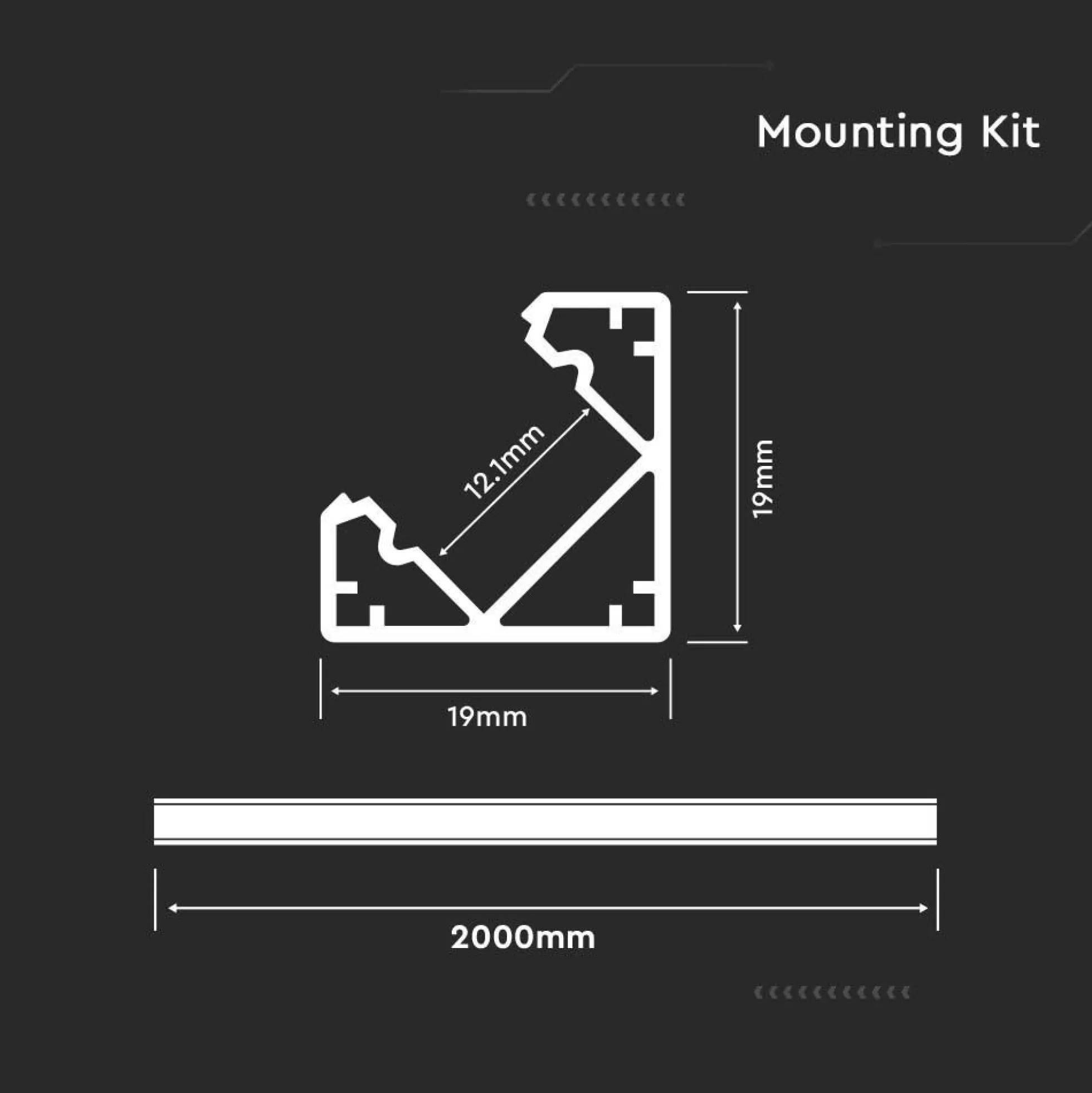 Aluprofil til LED Strip PCB 12 mm, hjørne diffuser, 2000x19x19 mm, hvid