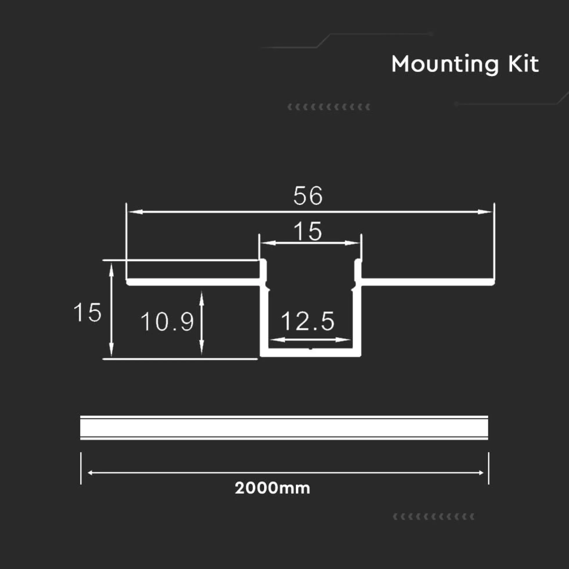 Aluprofil til LED-strip, sølv hus, 2000x55x15 mm