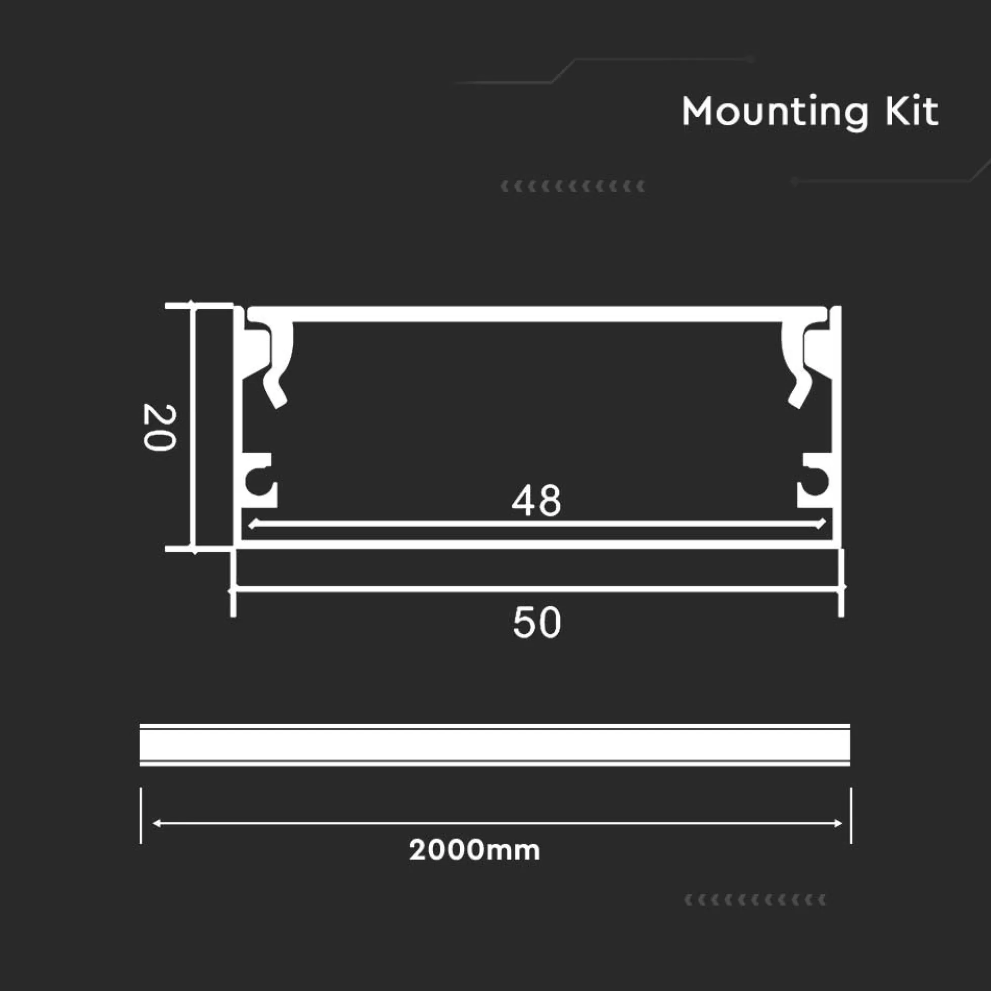 Aluprofil til LED strip, 2000x50x20 mm, sølvhus