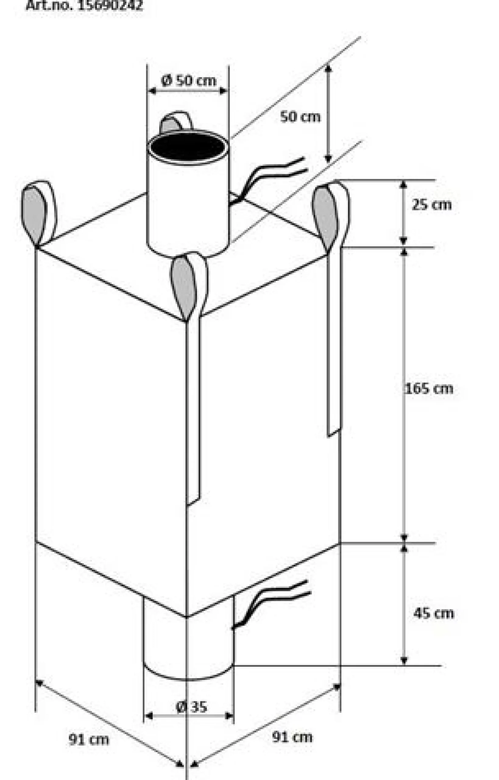 Bigbag antistatisk, 91 x 91 x 164 cm, med Ø50 x 50 cm