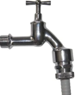 Bjørn Hammer – Matforkromet aftapningsventil m. T-greb, kontraventil og 1/2" x 3/4", studs med slangeforskruning, nippel tilslutning