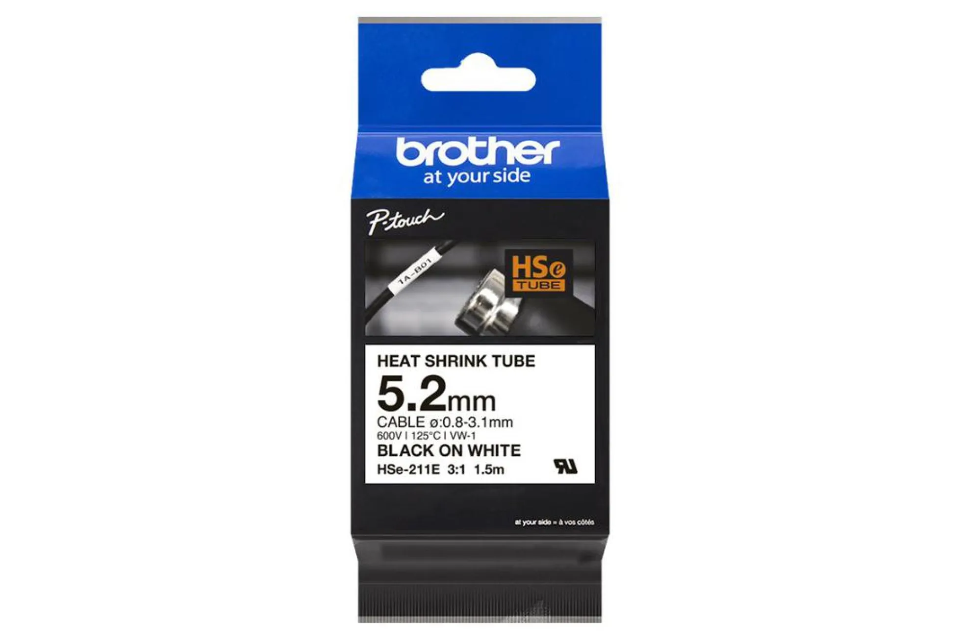 Brother krympeflextape HSe-211E, sort/hvid, 5,2 mm, til 1,7-3,2 mm kabler