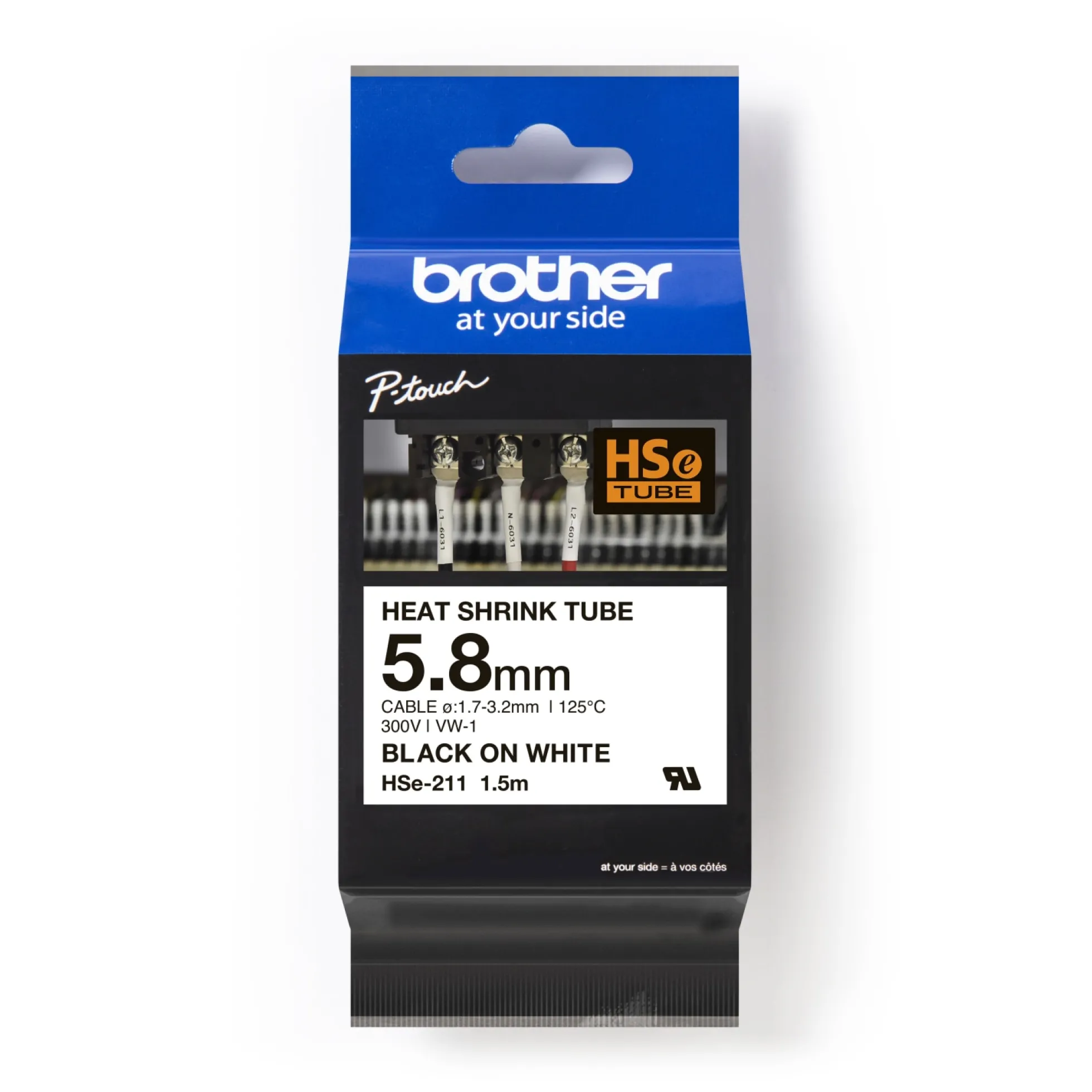 Brother krympeflextape HSe-211E, sort/hvid, 5,2 mm, til 1,7-3,2 mm kabler