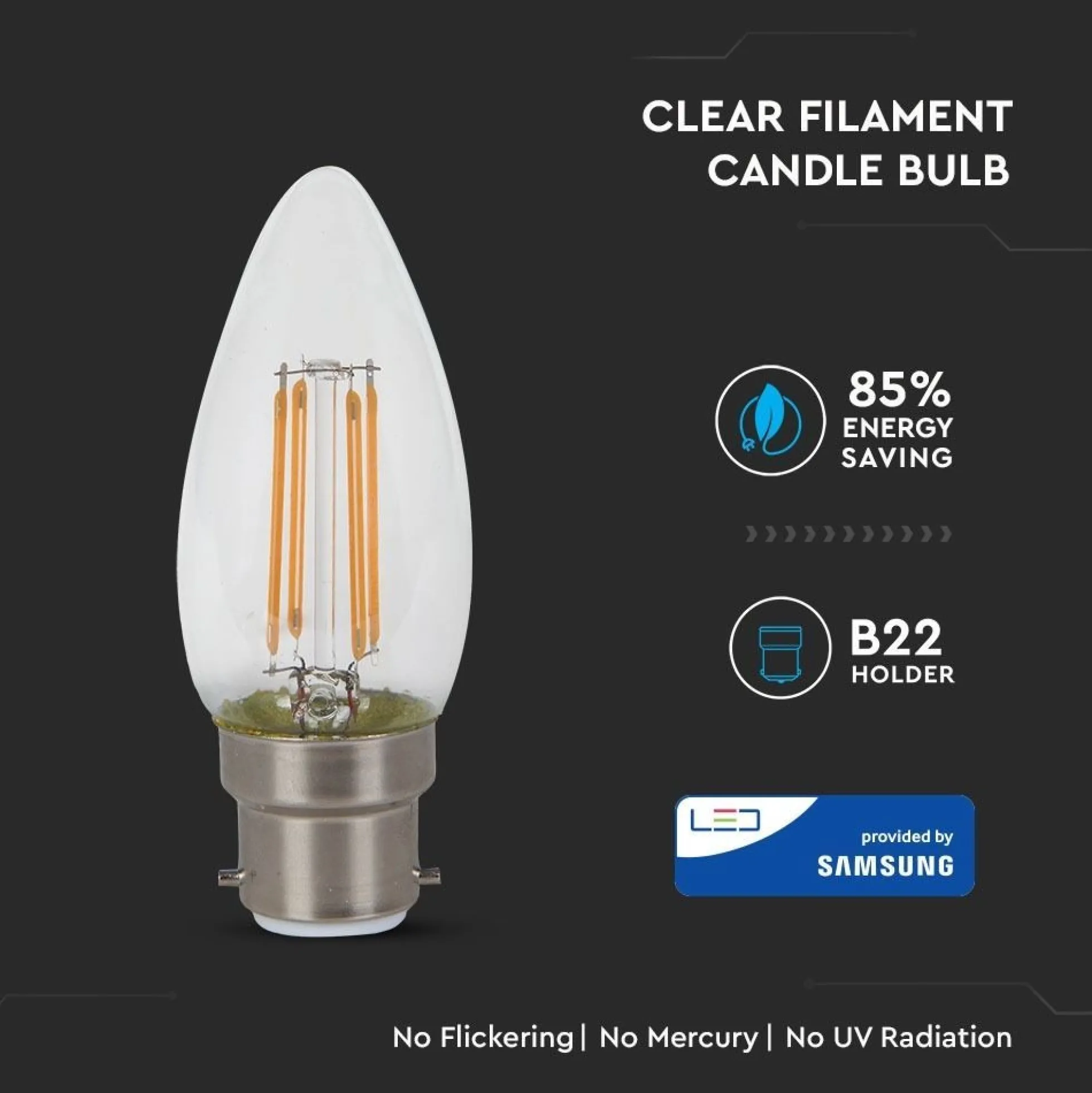 B22 4W LED kertepære, Samsung LED chip, kultråd, varm kulør - 400 lumen, 300 graders spredning