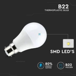 B22 9W LED pære, 806 lumen, 3000K, 200° spredning, 108 mm højde, 60 mm diameter, ikke dæmpbar, PVC - V-Tac