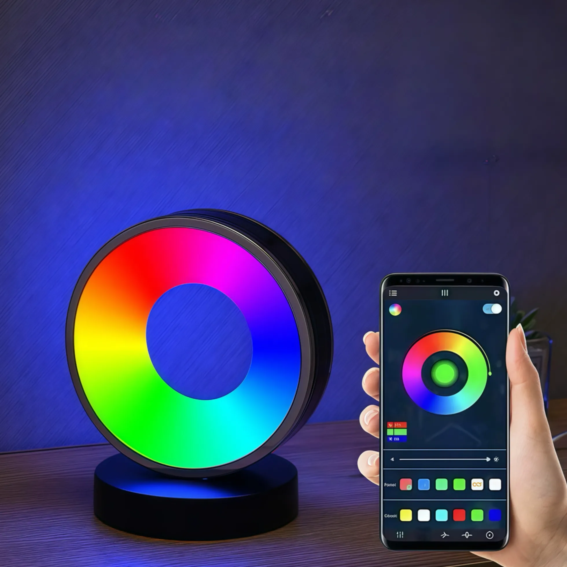 Cirkel RGBIC lampe, 18x15cm, Bluetooth, 5V USB