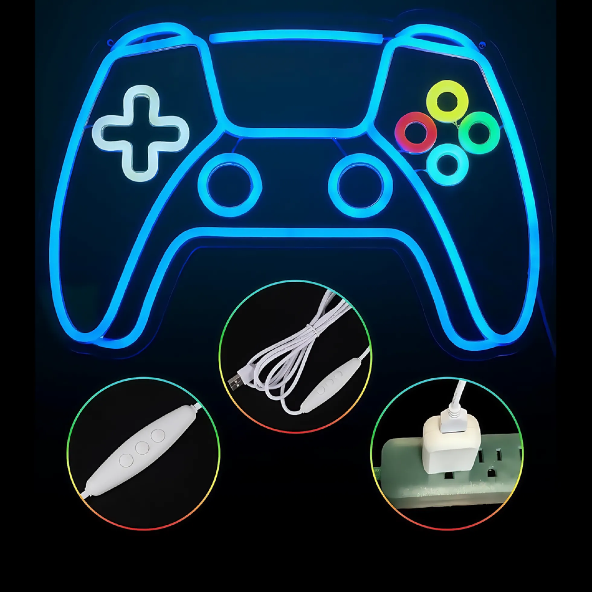Controller neon skilt gamepad, LED lys, stor model 39x27 cm, 5V DC USB