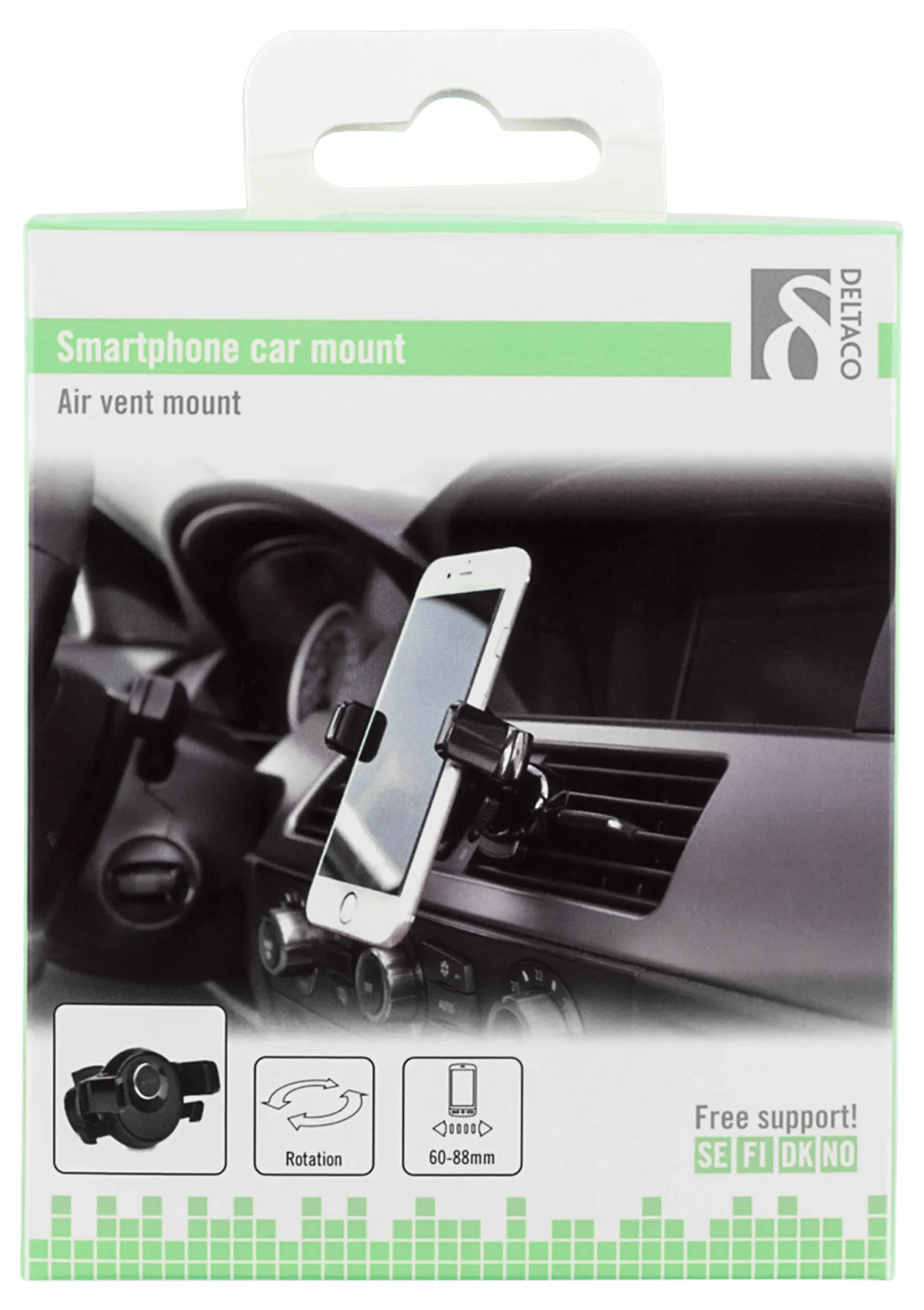 DELTACO Air vent Bil holder, til smartphones 60-88mm, roterbar, sort