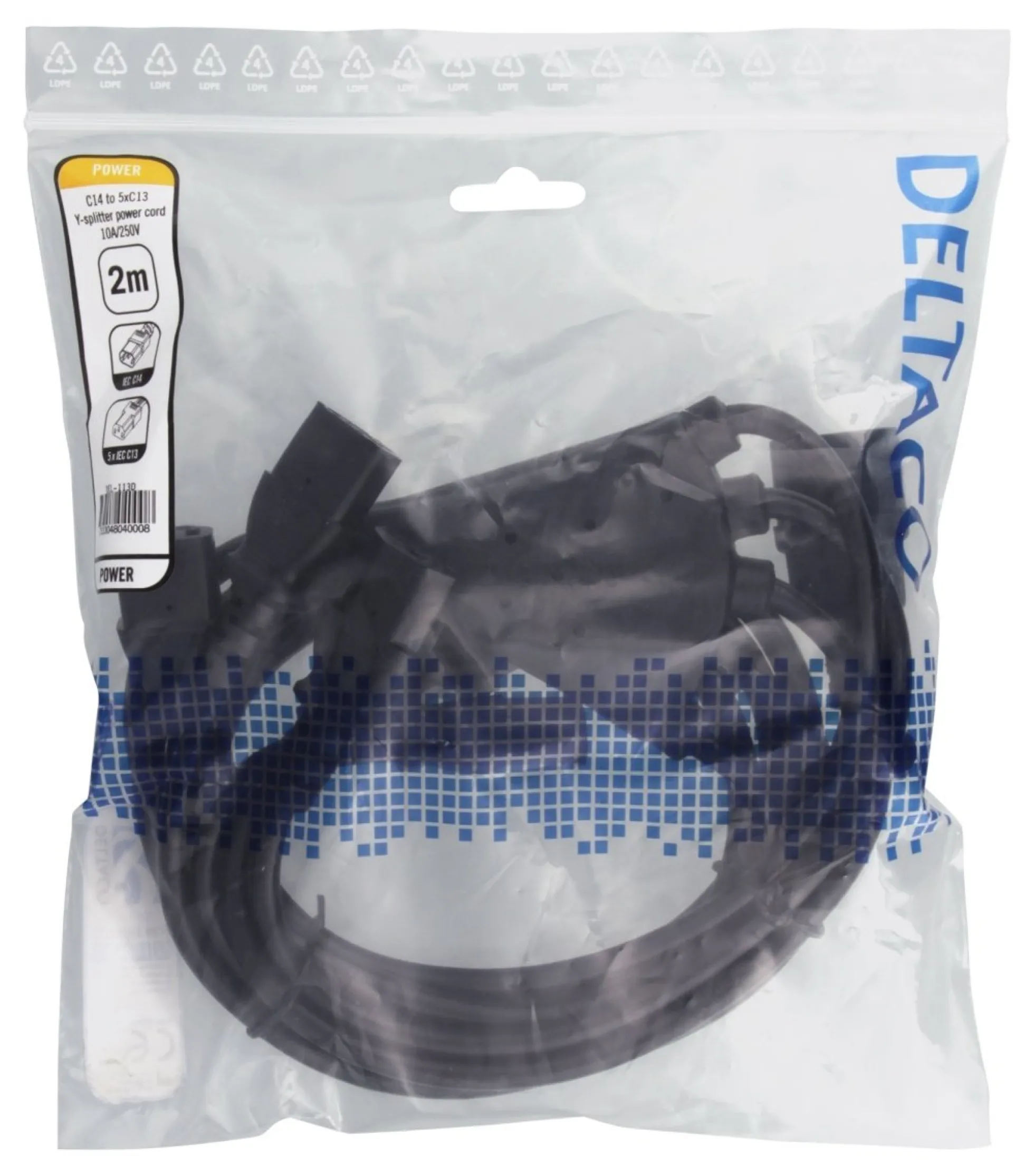 DELTACO Apparatkabel IEC C14 - 5x IEC C13, 2m, 10A/250V, Y-Splitter, sort