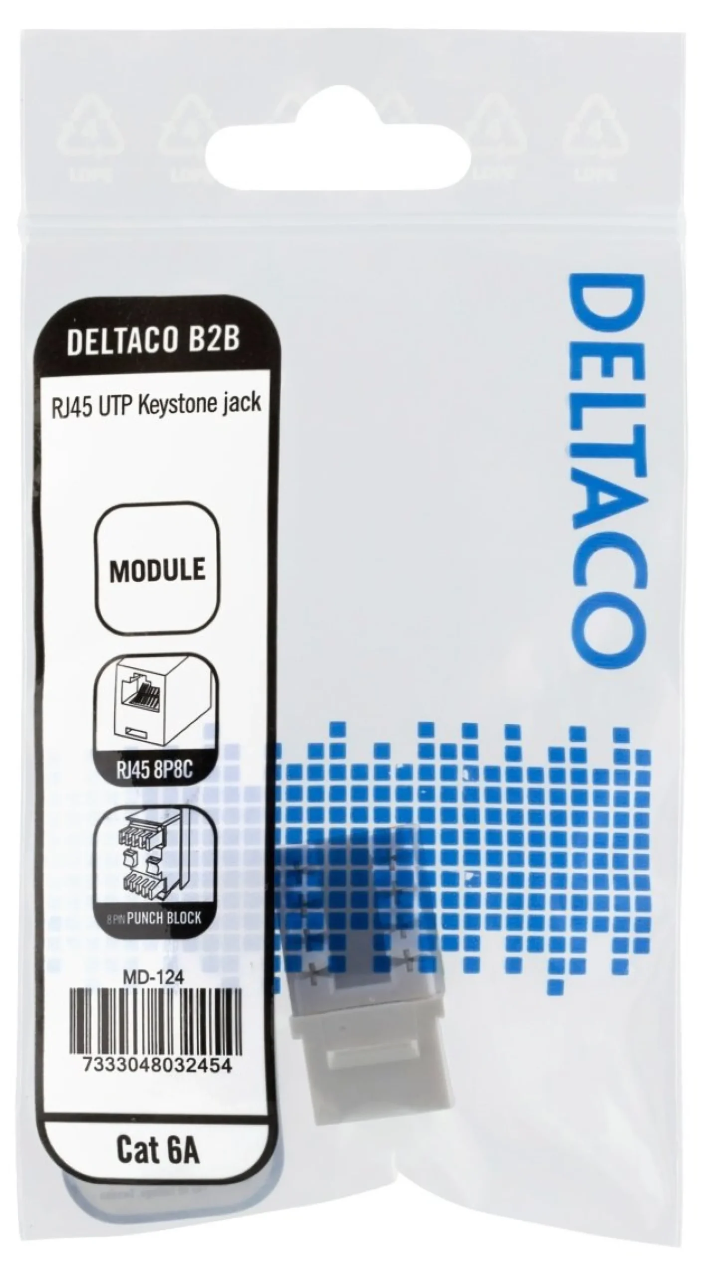 DELTACO Cat6A Keystone jack, LSA/110 termination, plastic, 90, hvid