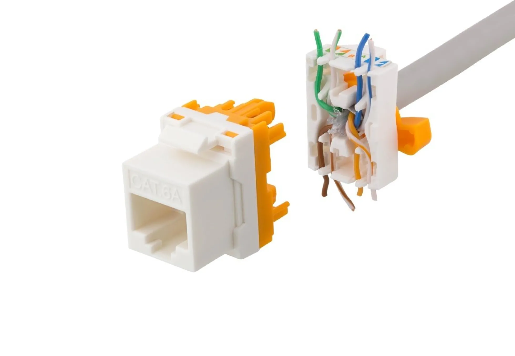 DELTACO Cat6A Keystone jack, toolless, plastic, hvid/orange