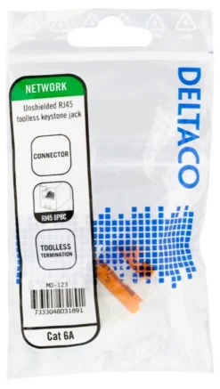 DELTACO Cat6A Keystone jack, toolless, plastic, hvid/orange