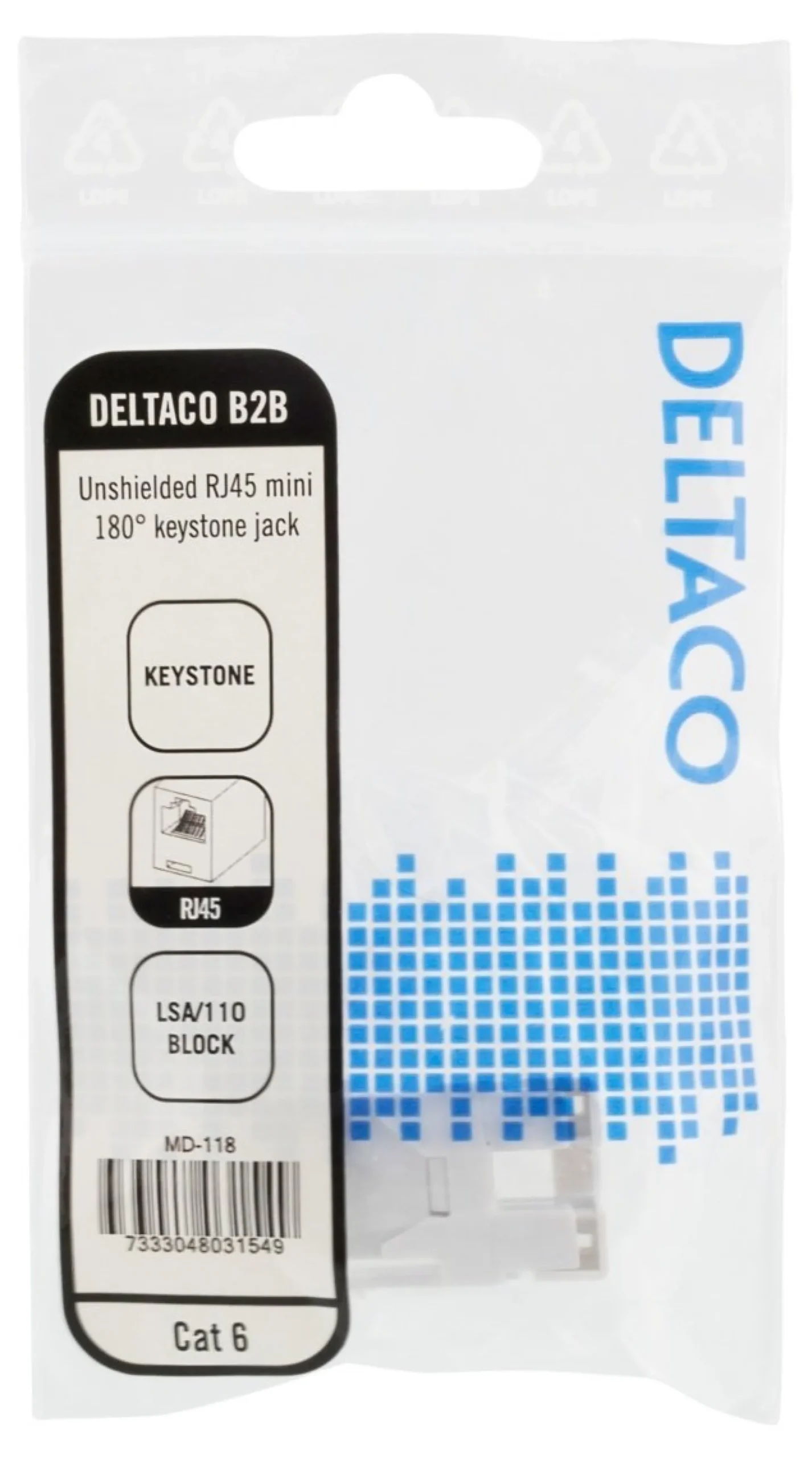 DELTACO Cat6 Keystone jack, LSA/110 termination, plastic, 180, hvid