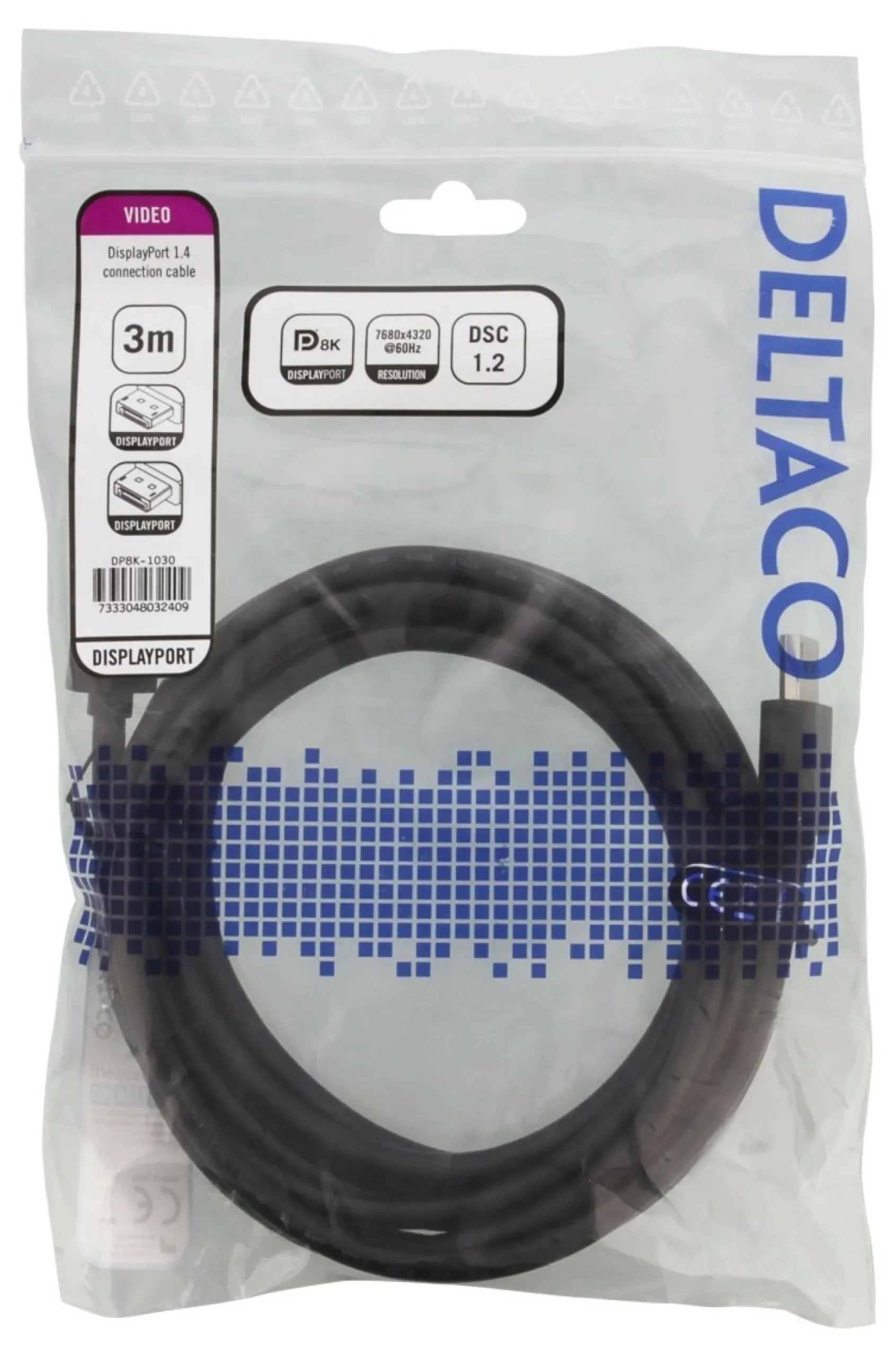 DELTACO DisplayPort kabel, DP 1.4, 7680x4320 i 60Hz, 3m, sort