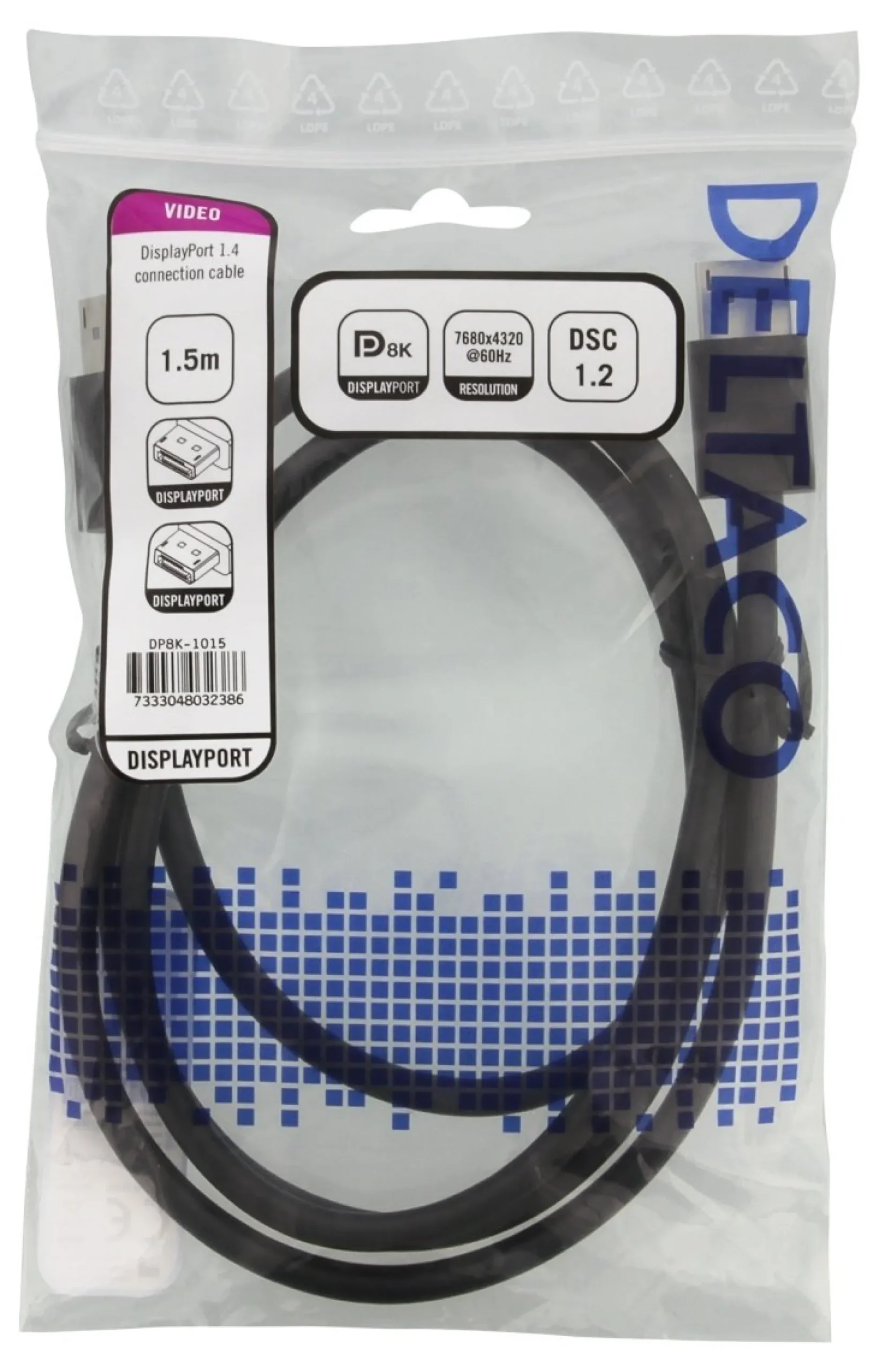 DELTACO DisplayPort kabel, DP 1.4, 7680x4320 i 60Hz, 1,5m, sort