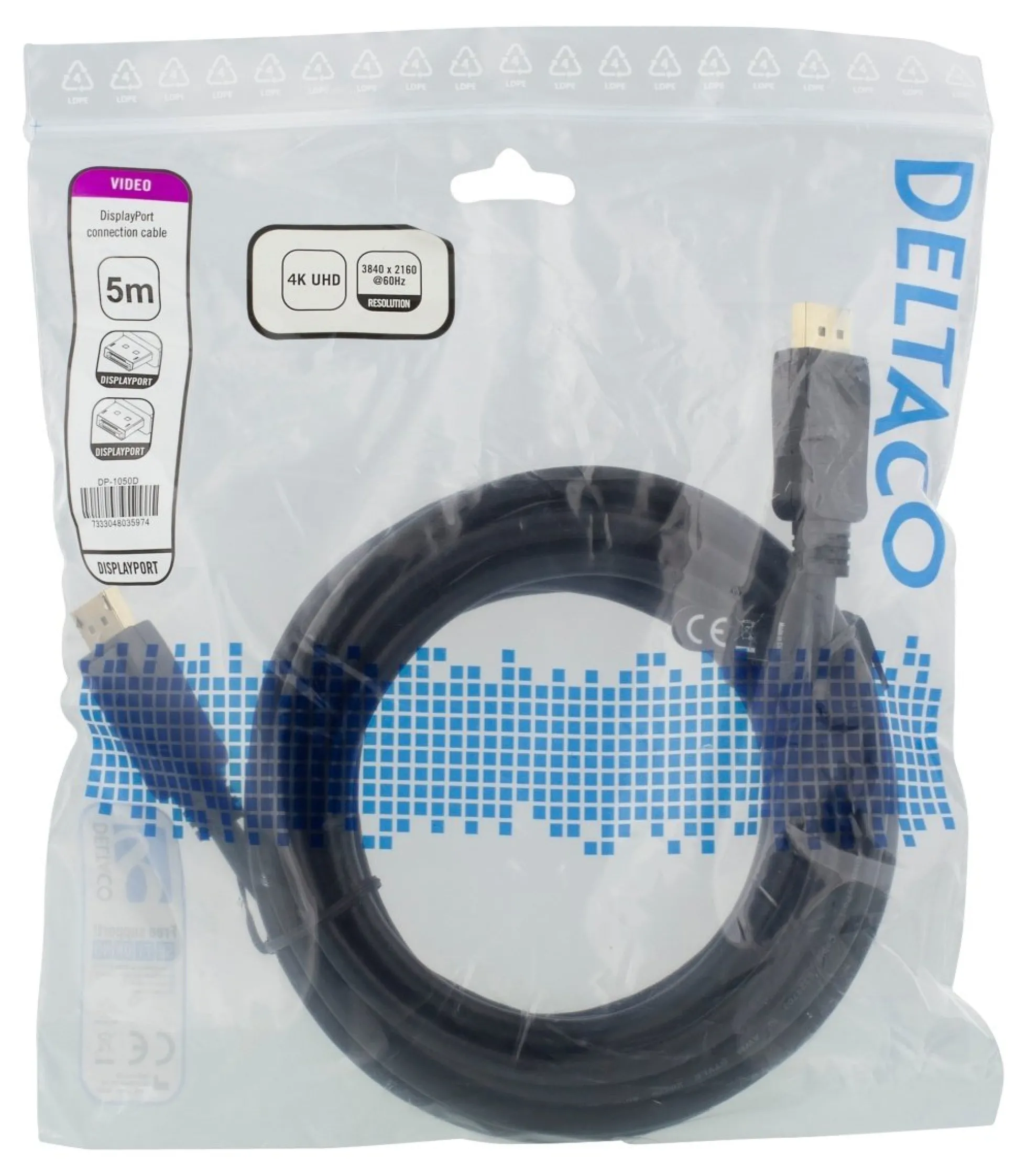 DELTACO DisplayPort kabel, 5m, 4K UHD, DP 1.2, sort