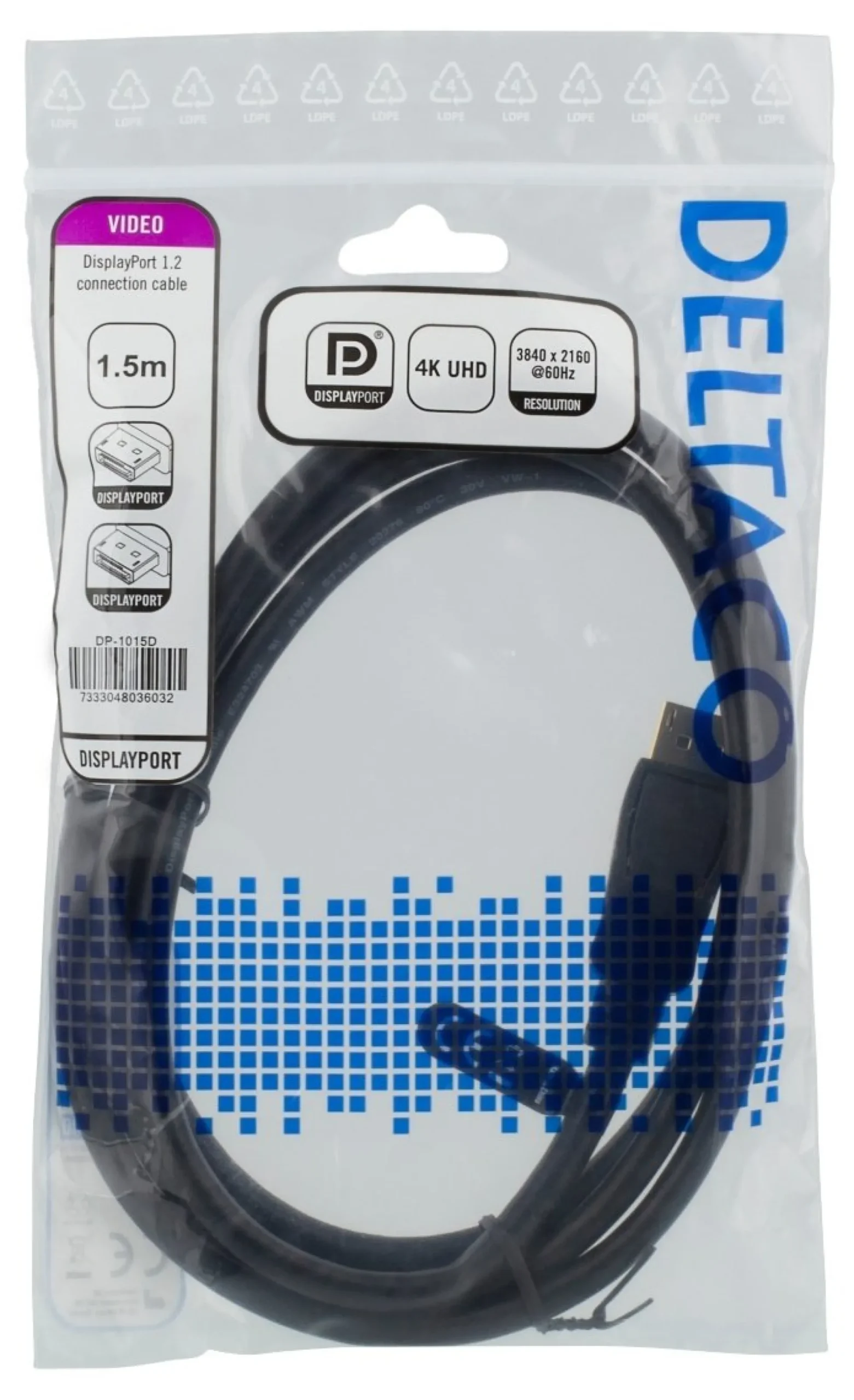 DELTACO DisplayPort kabel, 1,5m, 4K UHD, DP 1.2, sort