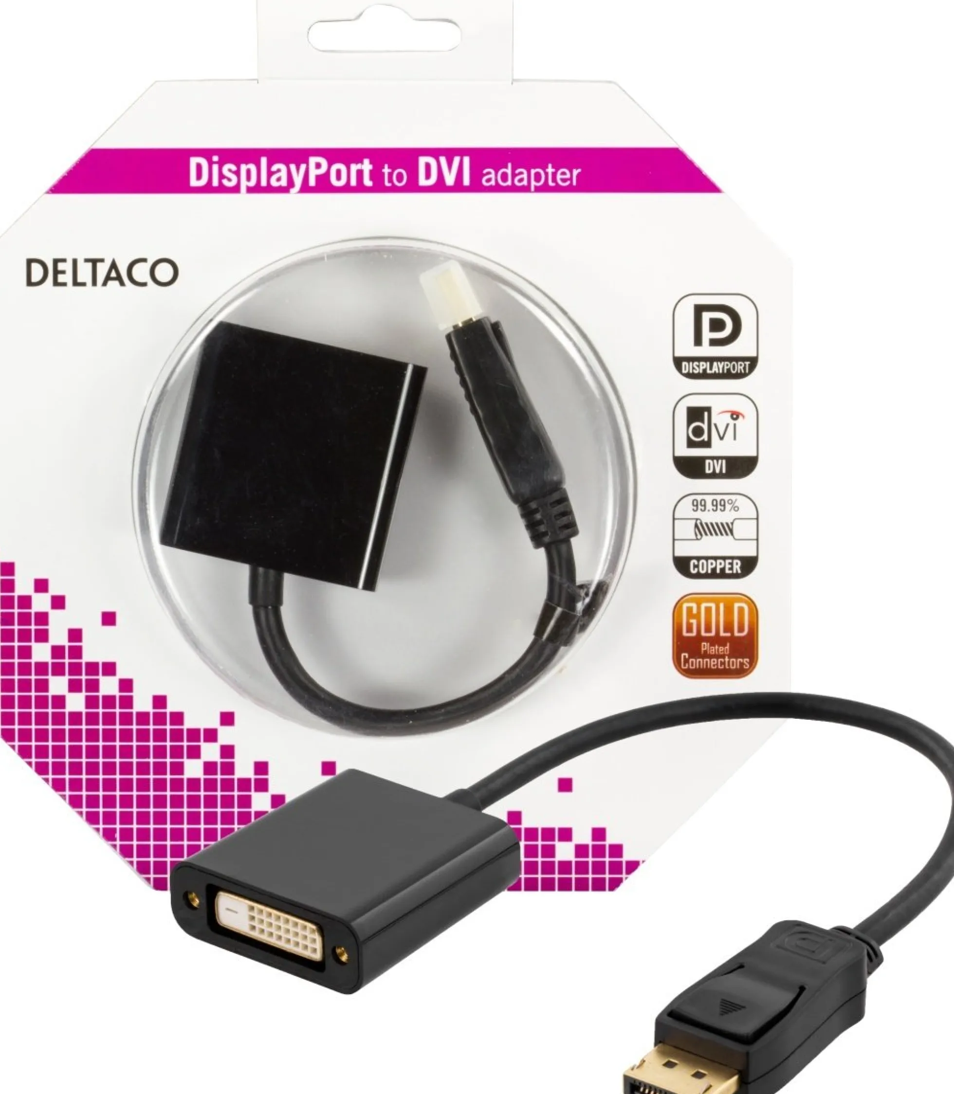 DELTACO DisplayPort til DVI-D Single Link adapter, 20-pin han til 24+1