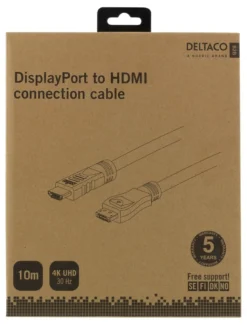 DELTACO DP - HDMI kabel, 10m, 3840x2160 at 30Hz, 10.8Gb/s, sort