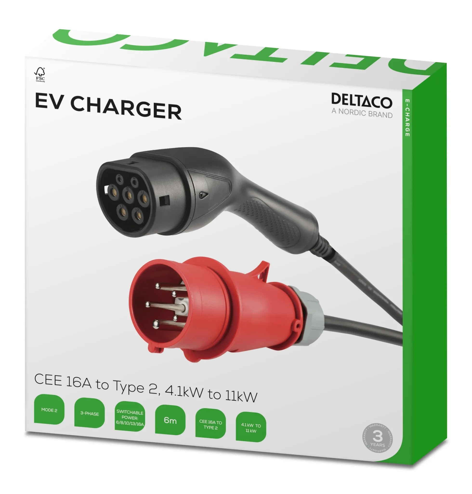 Deltaco E-Charge elbilslader til CEE-stik, 3-faset, type 2, 8-16A, 6 meter