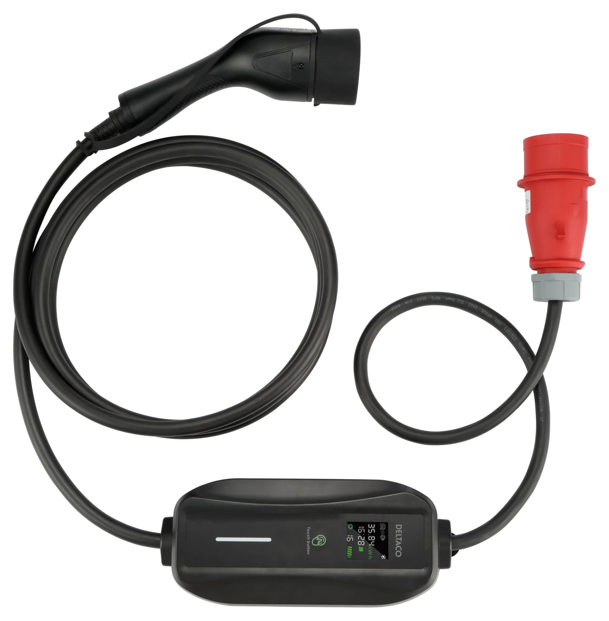 Deltaco E-Charge elbilslader til CEE-stik, 3-faset, type 2, 8-16A, 6 meter