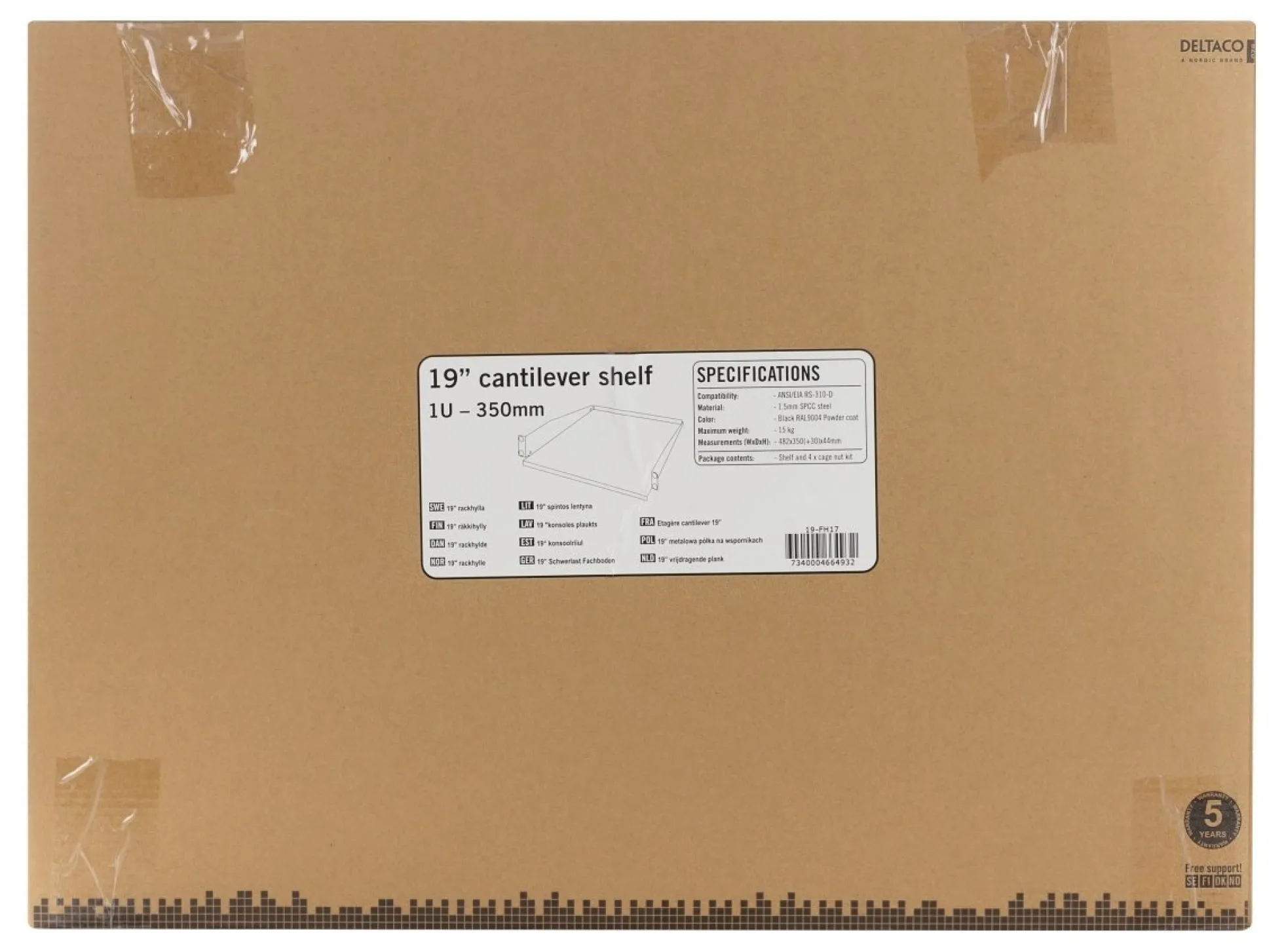 DELTACO, 19" fast hylde, 1U, 381mm dyb, maks. 8kg, sort