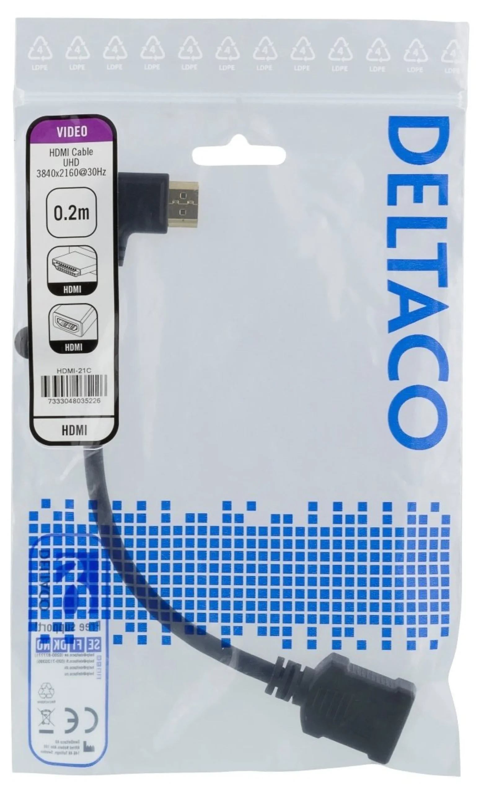 DELTACO Flexible HDMI adapter, 0,2m, left-angled, HDMI M/F, UHD, sort