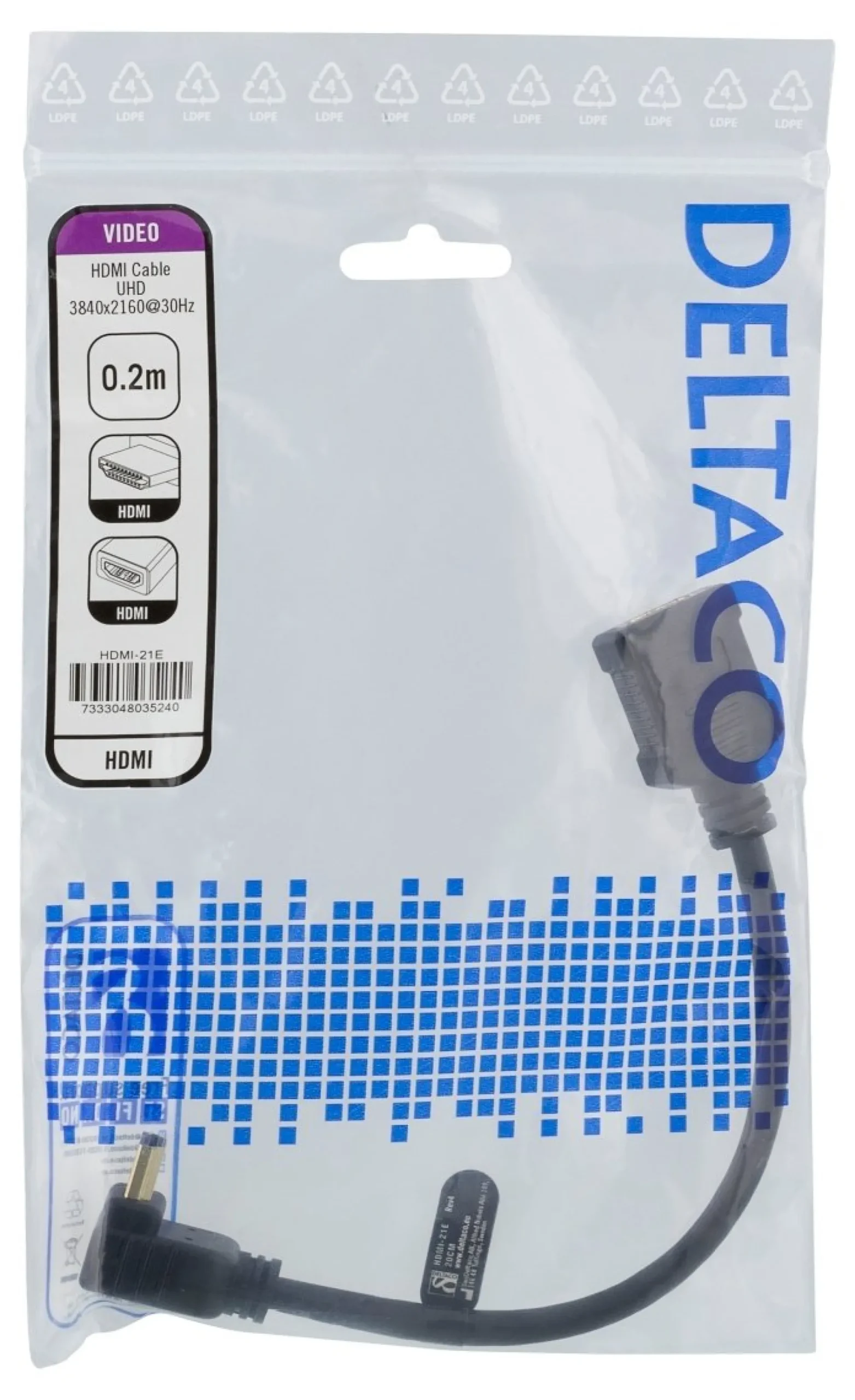 DELTACO Flexible HDMI adapter, 0,2m, right-down, HDMI M/F, UHD, sort