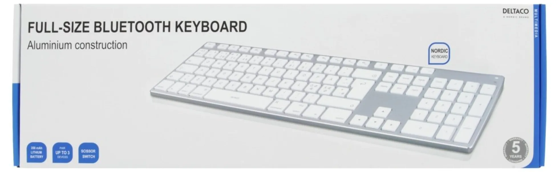 DELTACO fullsize bluetooth keyboard, aluminium, rechargeable battery,