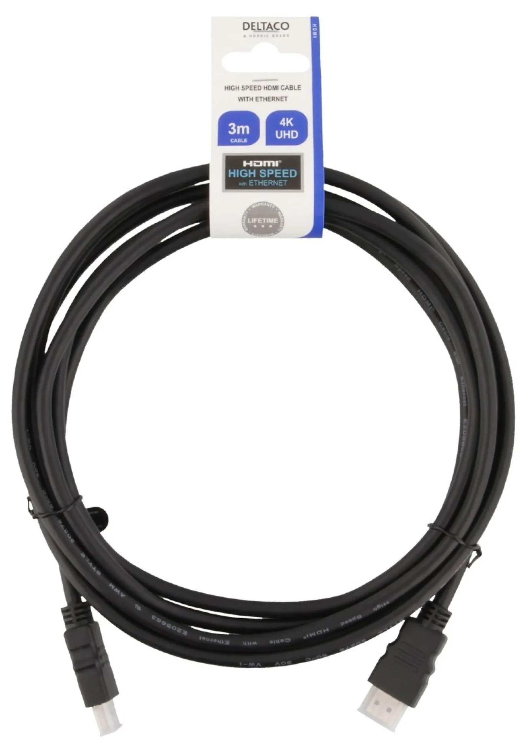 DELTACO HDMI cable FSC, HDMI High Speed w/Ethernet, CCS, 3,0m, sort