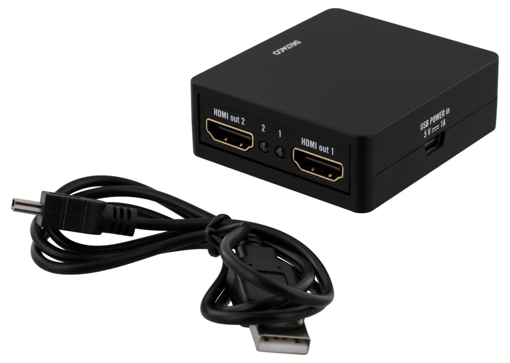 DELTACO HDMI splitter, 1x HDMI in, 2x HDMI out, 6,75 Gbit/s, sort