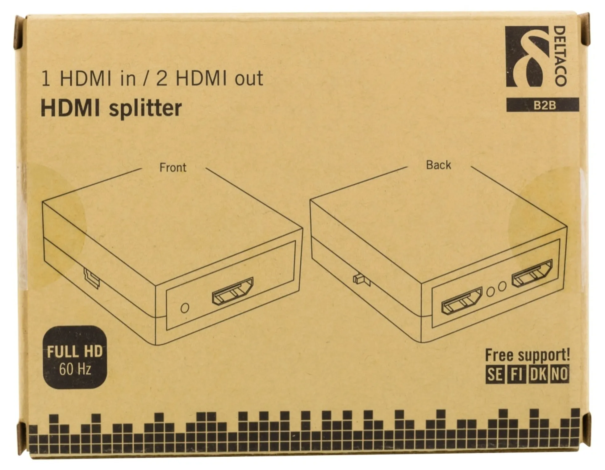 DELTACO HDMI splitter, 1x HDMI in, 2x HDMI out, 6,75 Gbit/s, sort