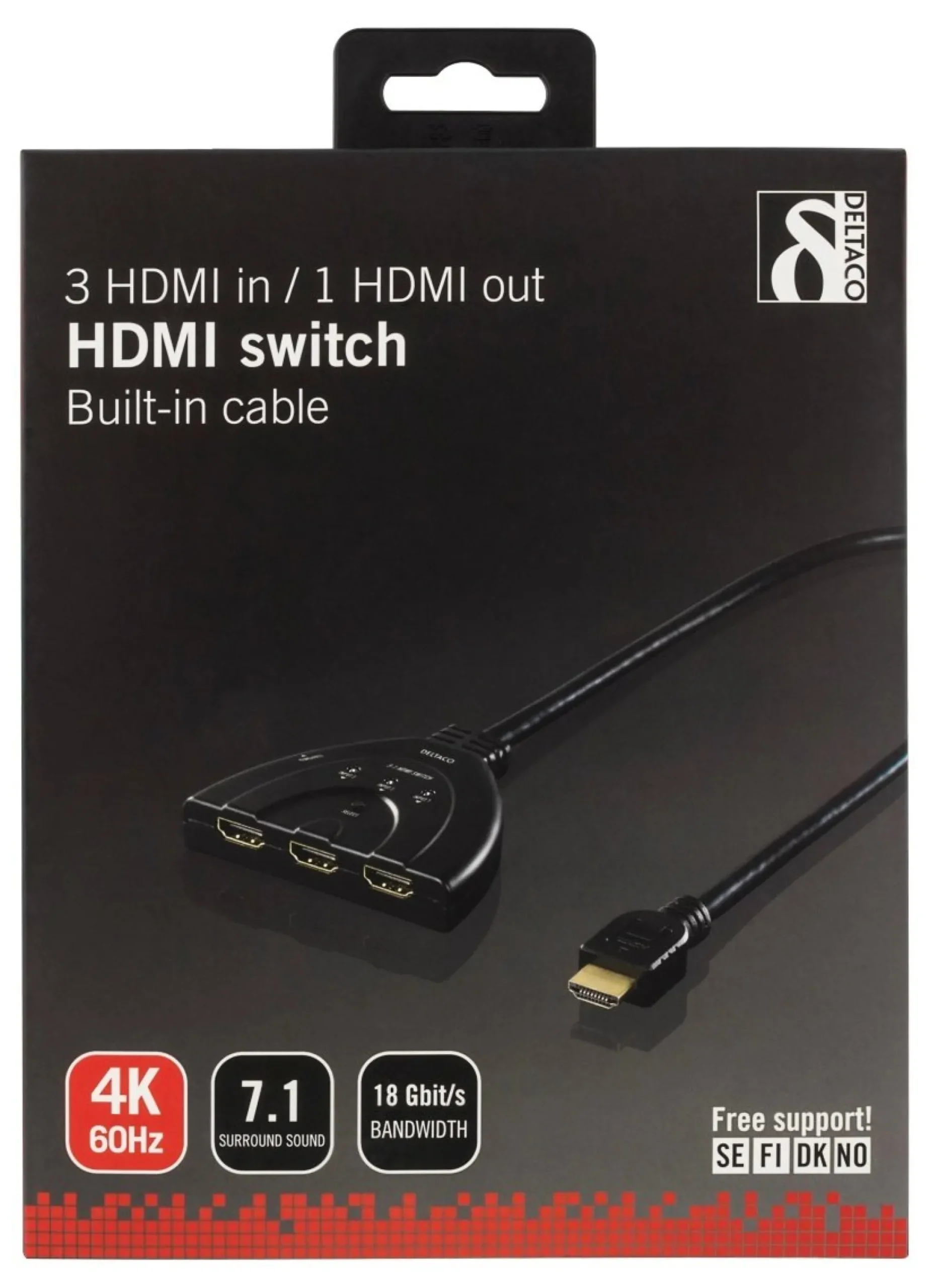 DELTACO HDMI Switch , 3 inputs to 1 output, 4K in 60Hz, 7.1, sort