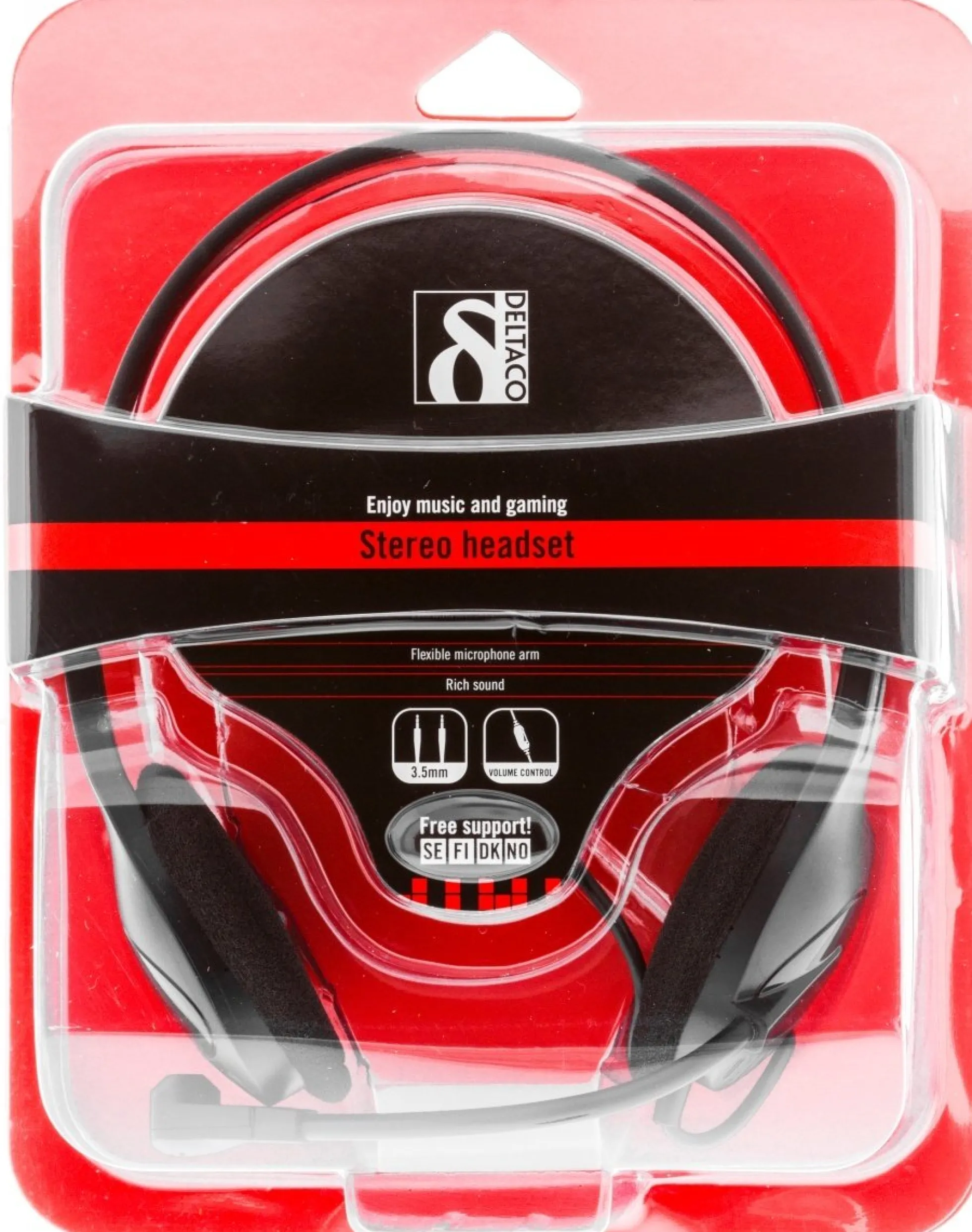 DELTACO headset, volumenkontrol på kablet, 2 x 3,5 mm, 2,5 m kabel