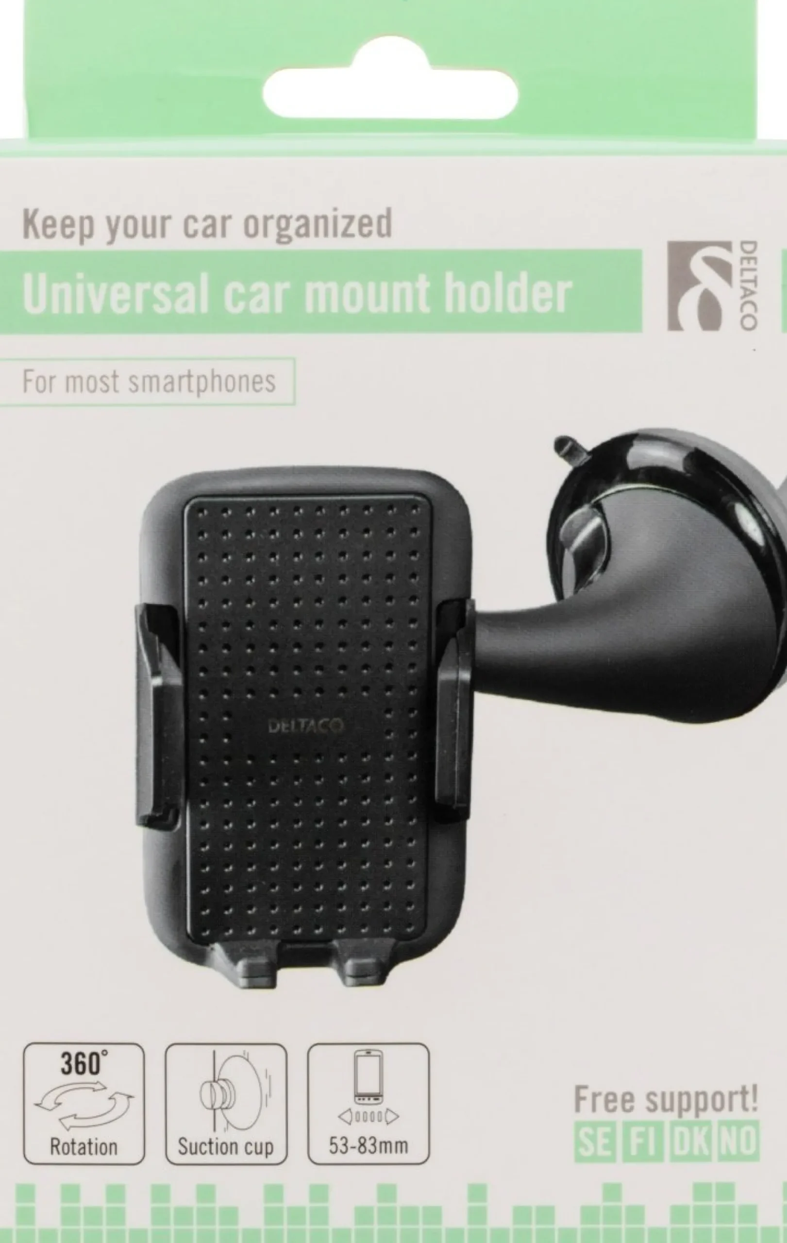 DELTACO Holder til smartphone, justerbart beslag med sugekop, 53-83mm,