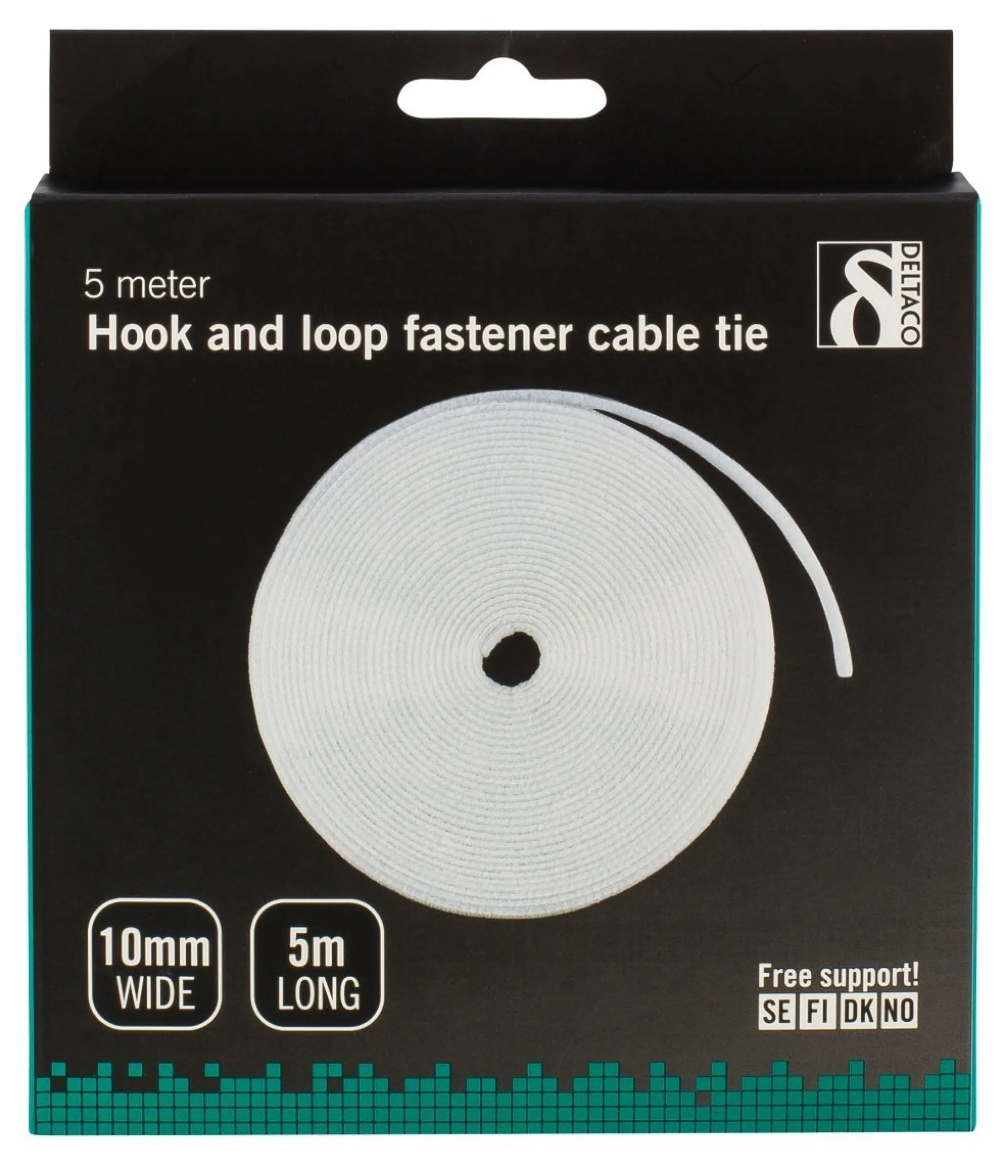 DELTACO Hook and loop fastener cable ties, width 10mm, 5m, hvid
