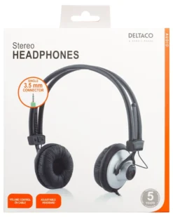 DELTACO, hovedtelefon med volumekontrol, 2,2m kabel, sort/sølv